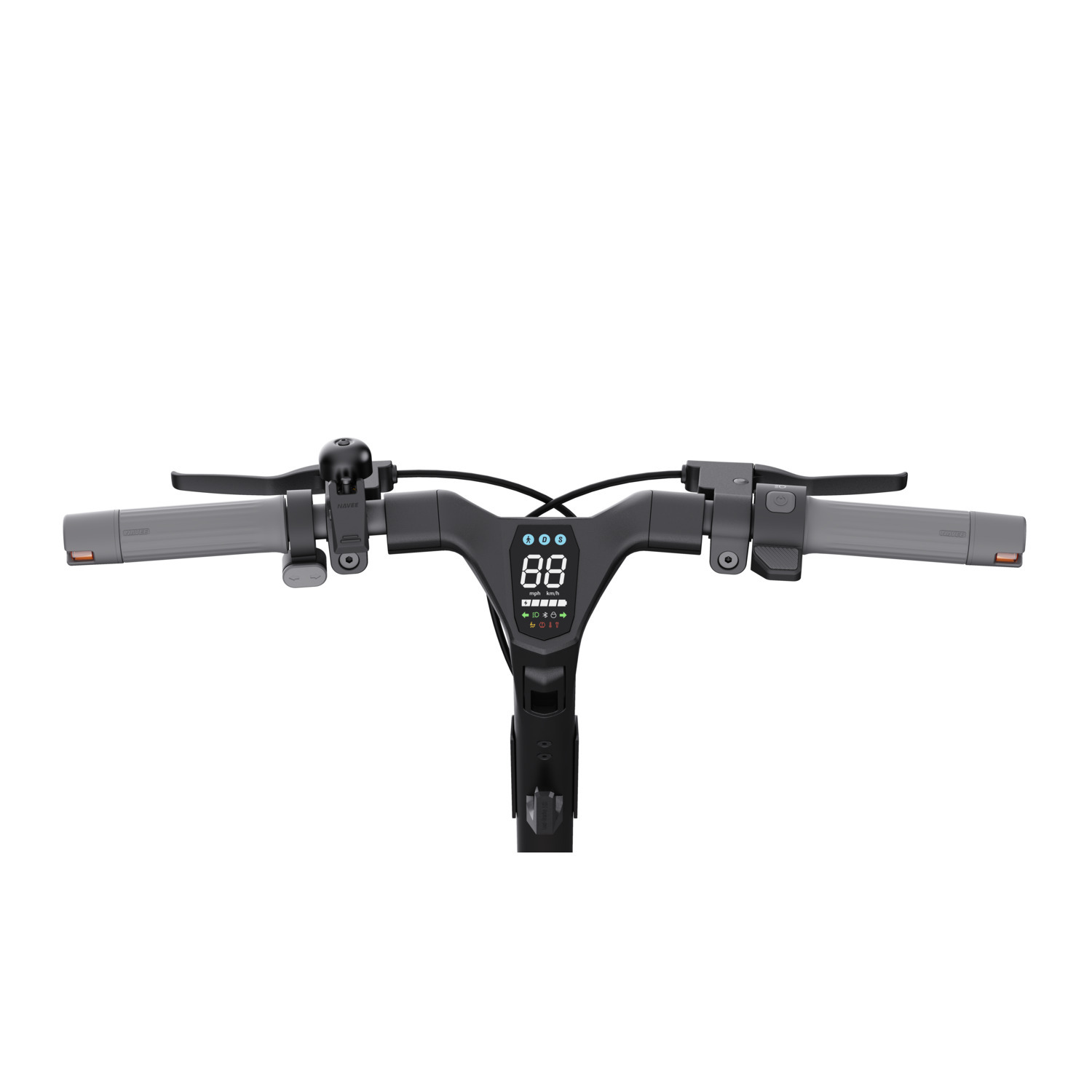 Het stuur van een elektrische scooter met een scherm.