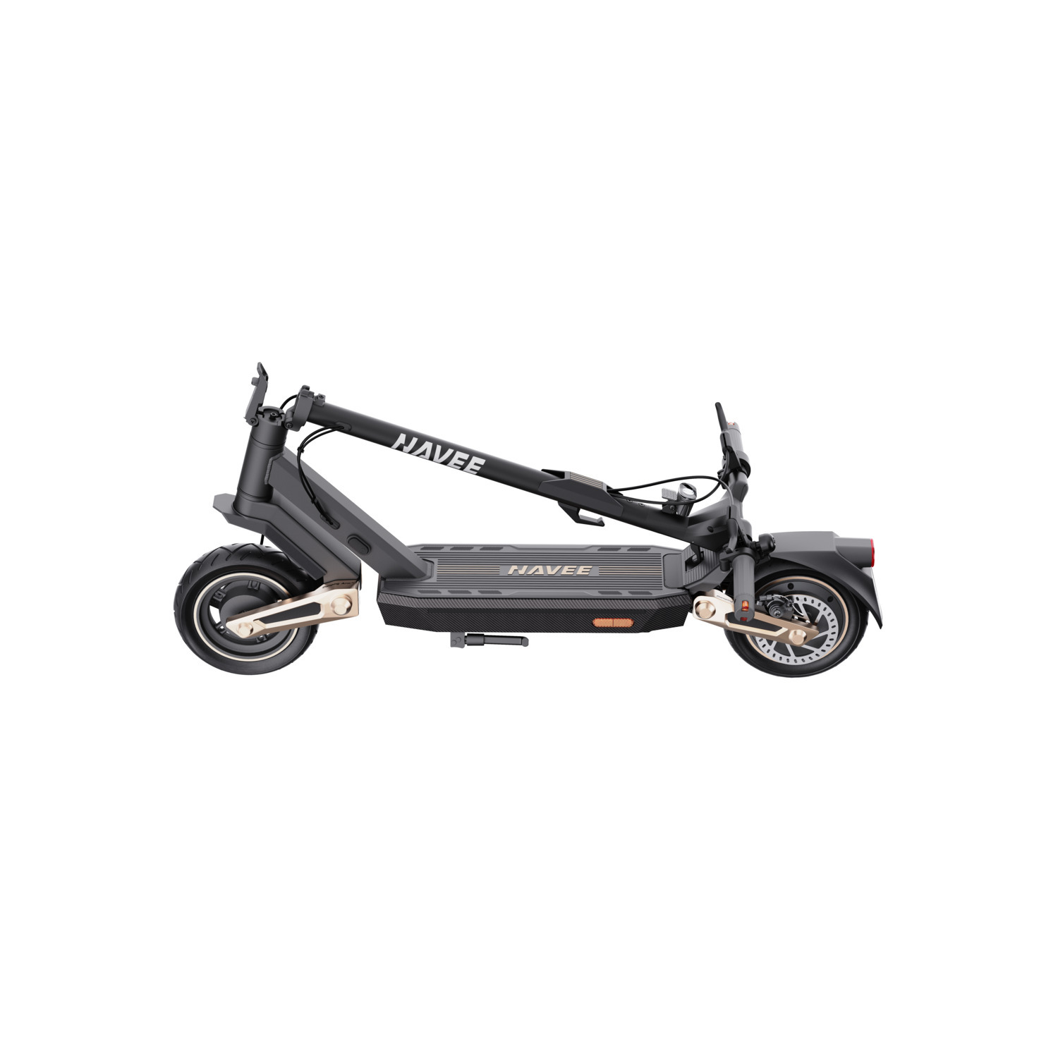 Een grijze en zwarte Navee elektrische scooter, van opzij bekeken, geïsoleerd op een witte achtergrond.