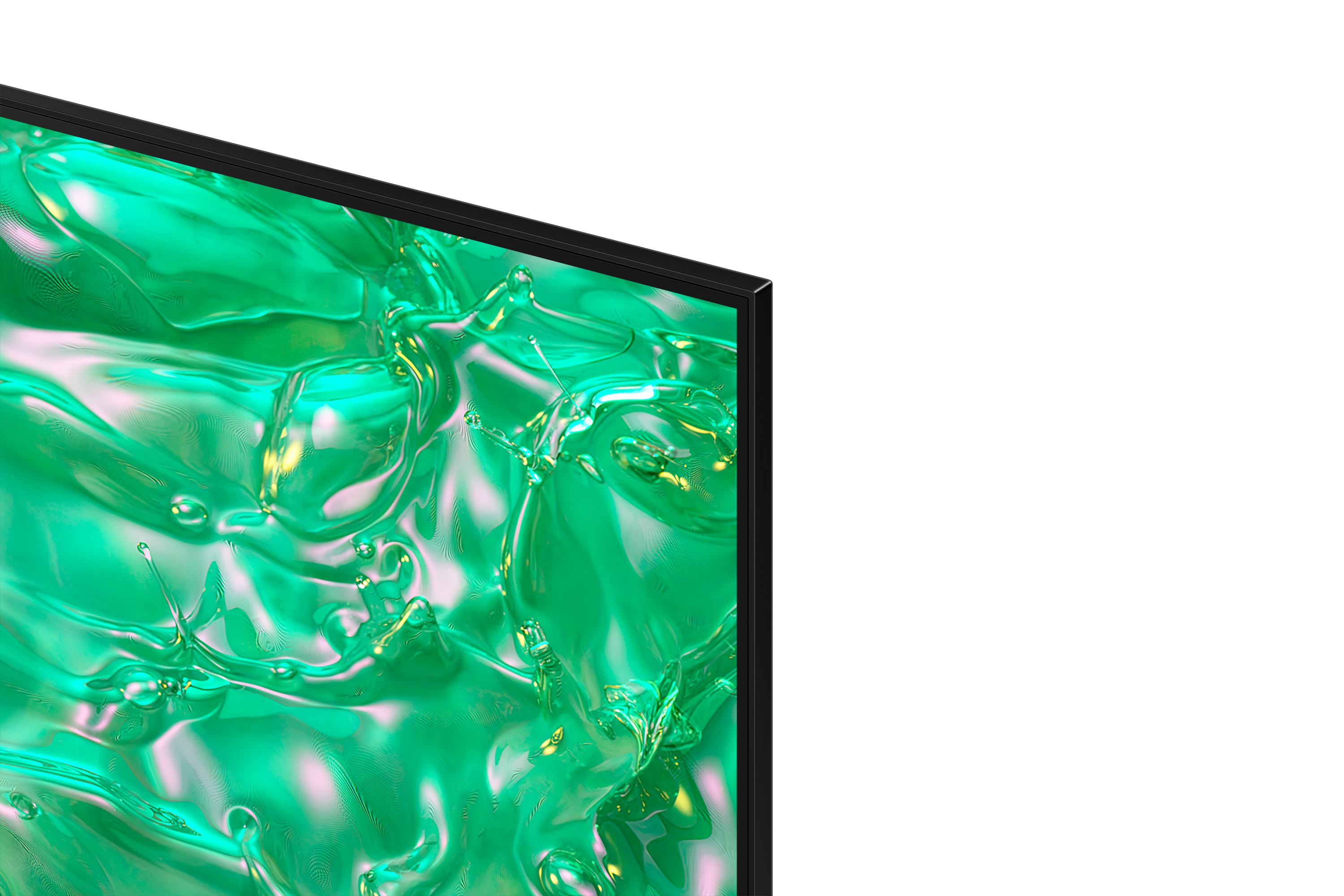 Zbliżenie zielonej powierzchni cieczy na ekranie telewizora, otoczona czarną ramką. Powierzchnia ma błyszczące wykończenie.