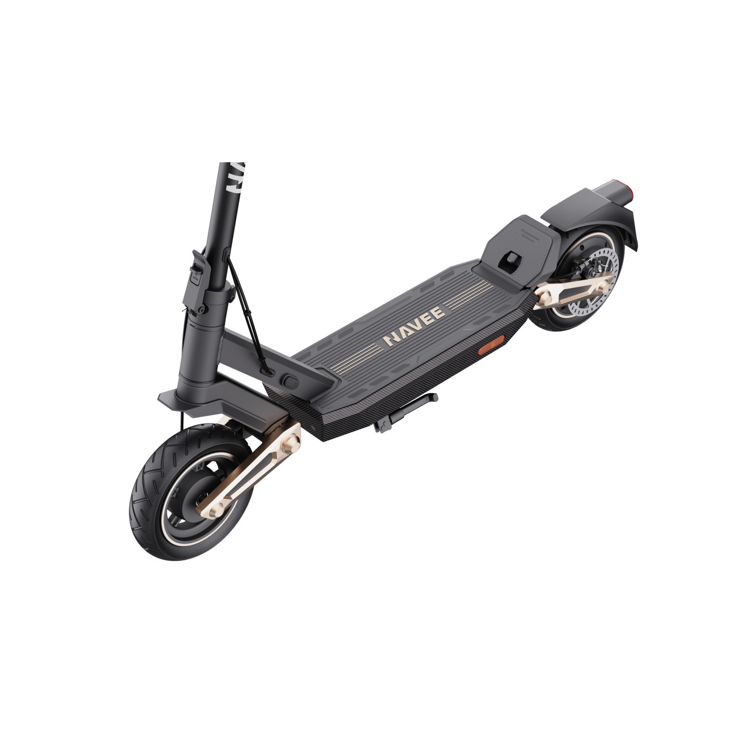 Black and gray electric scooter. It is viewed from a high angle. White background.