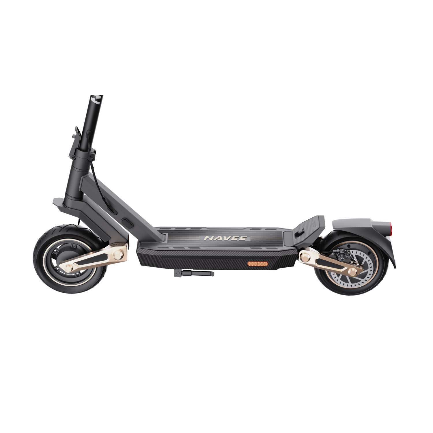 A black and gold electric scooter, viewed from the side.