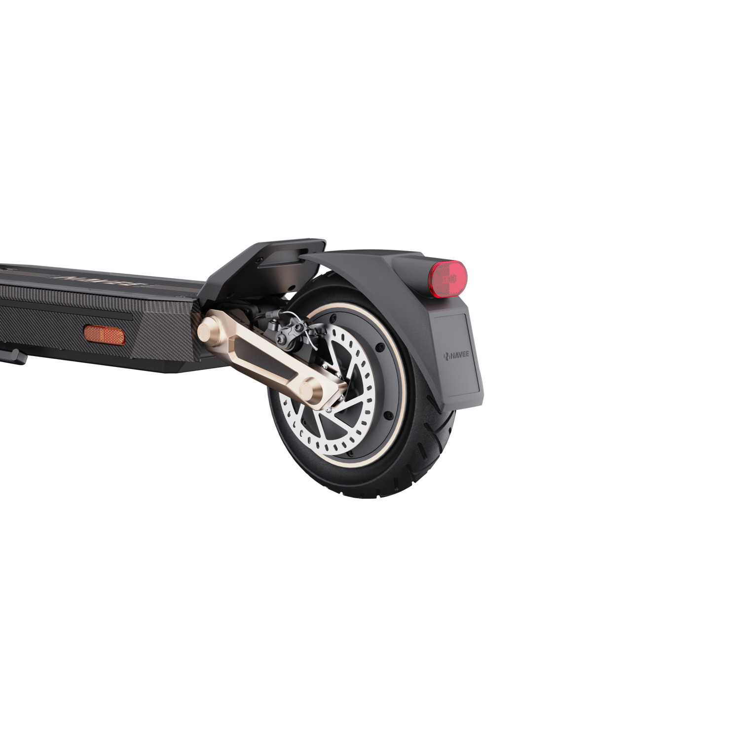 Close-up of an electric scooter's rear wheel and fender, with brake disc and a red light.