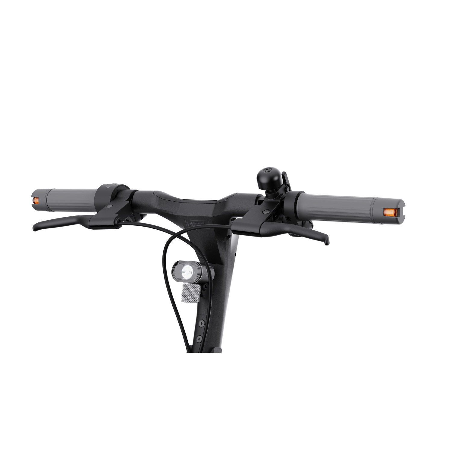 The handlebars of an electric scooter with lights and a bell.