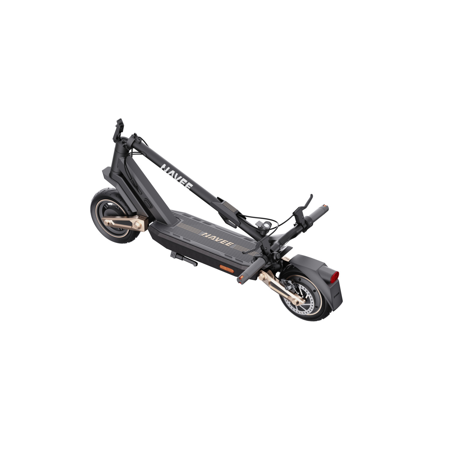 Black and gold electric scooter, seen from above with the handlebar folded.