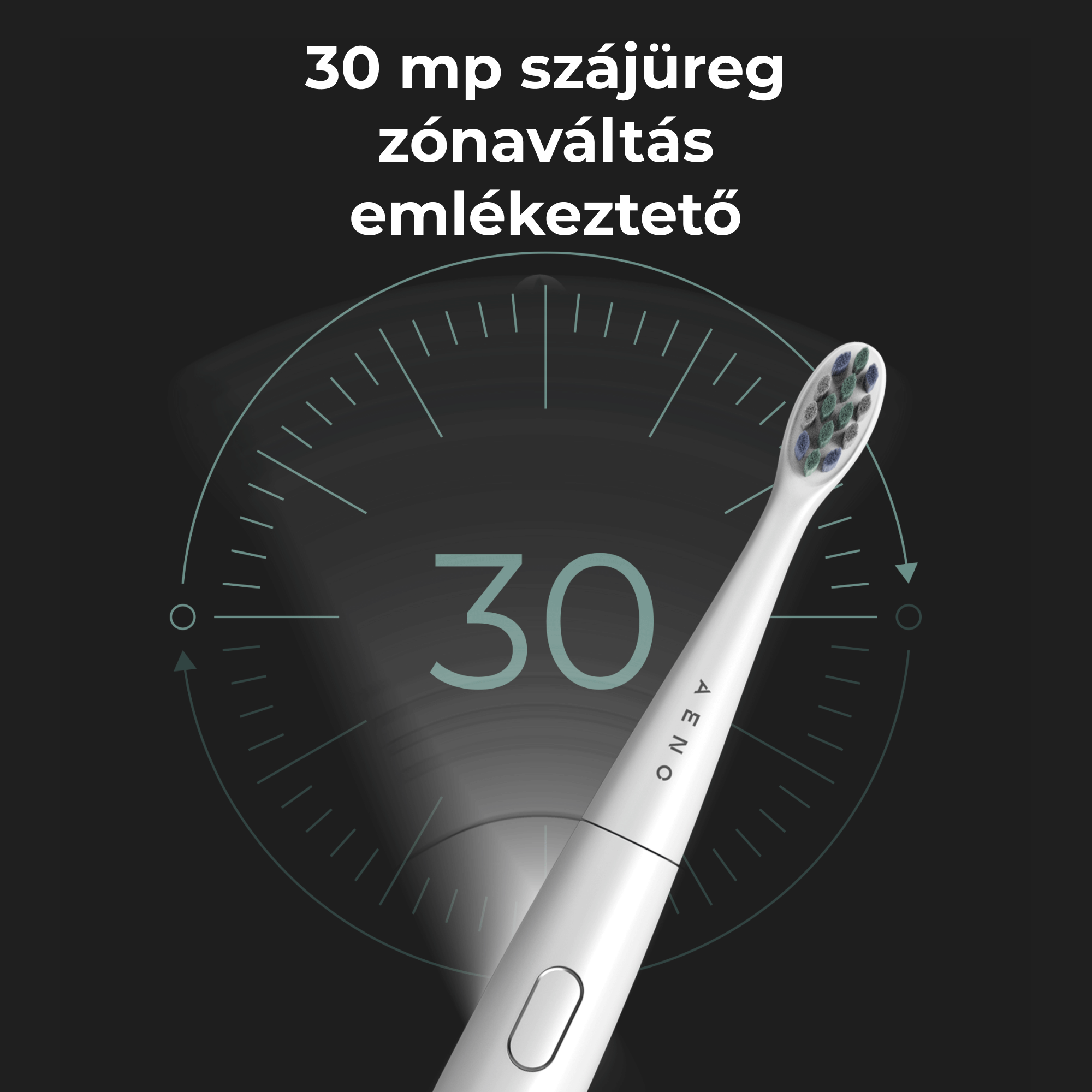 Egy elektromos fogkefe szöveggel. Az időzítő 30 másodpercet mutat.