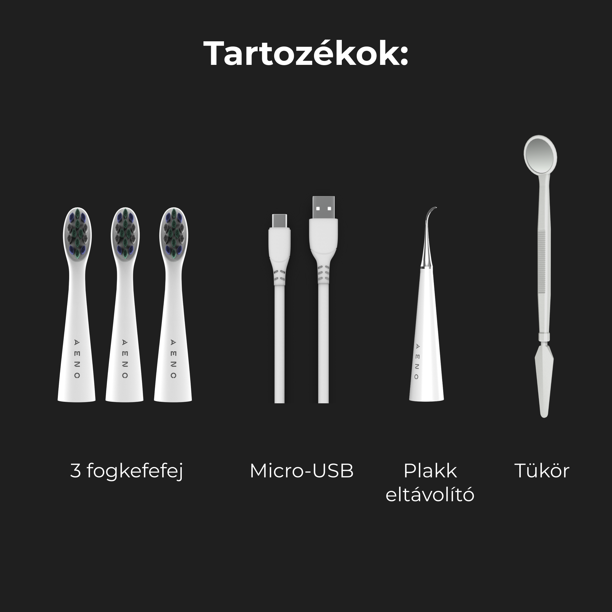 Fogászati higiéniai készlet fogkefékkel, USB-kábelekkel és tükörrel. Fekete háttér.