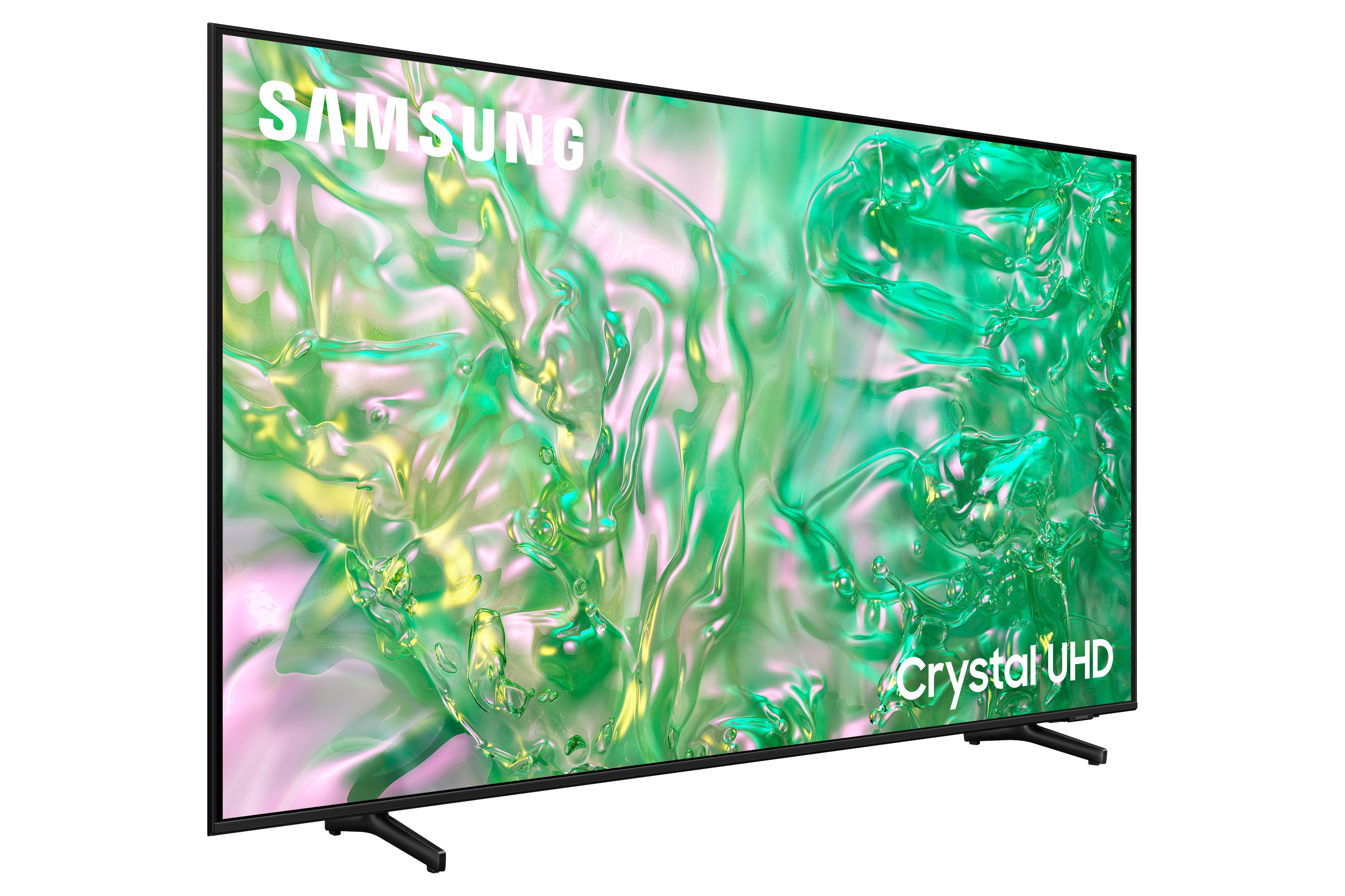 Telewizor Samsung z zielono-żółtym wzorem na ekranie na czarnym tle. Crystal UHD.