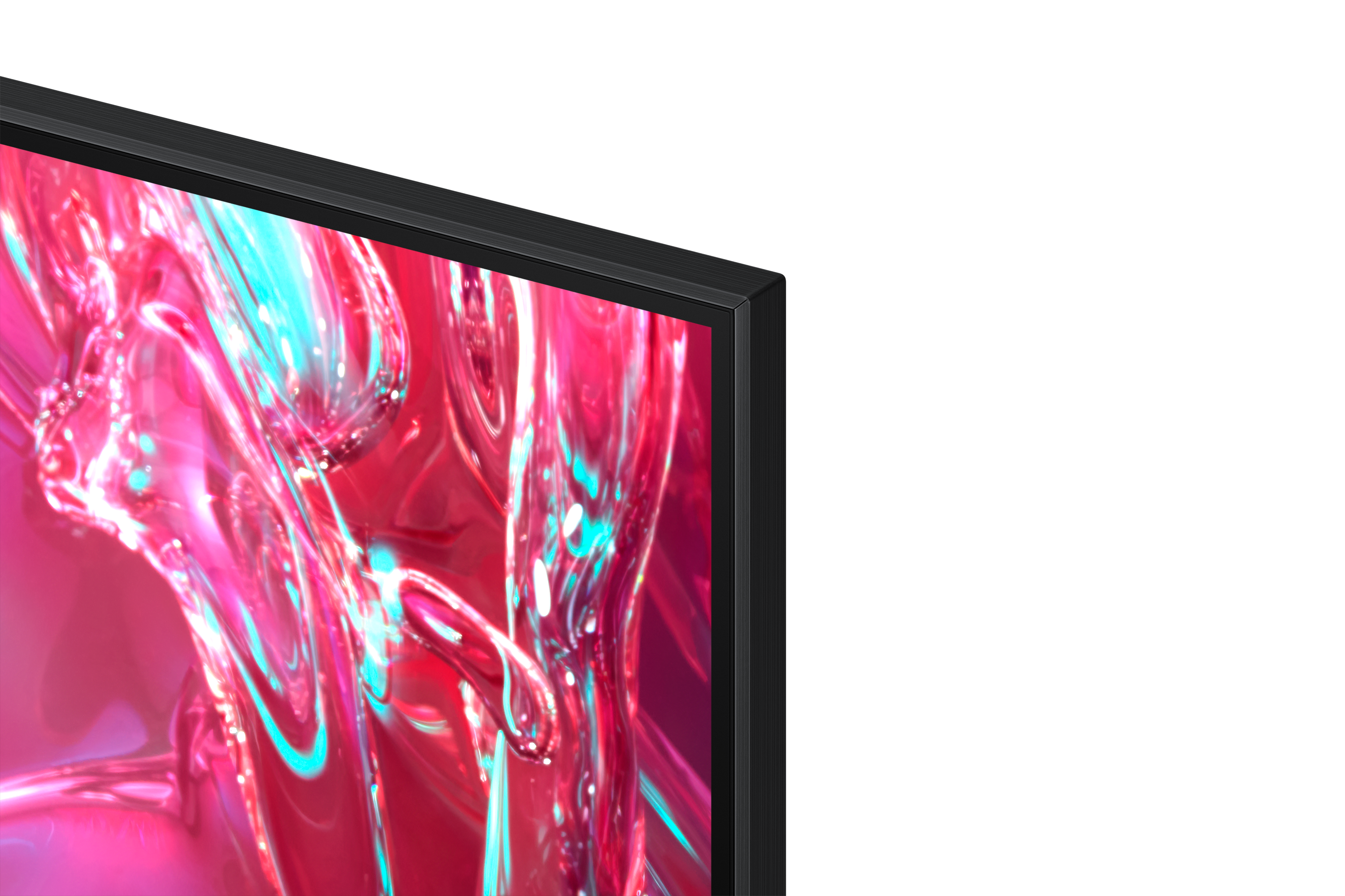 Zbliżenie rogu telewizora. Telewizor ma czarną ramę i wyświetla kolory czerwony i niebieski.