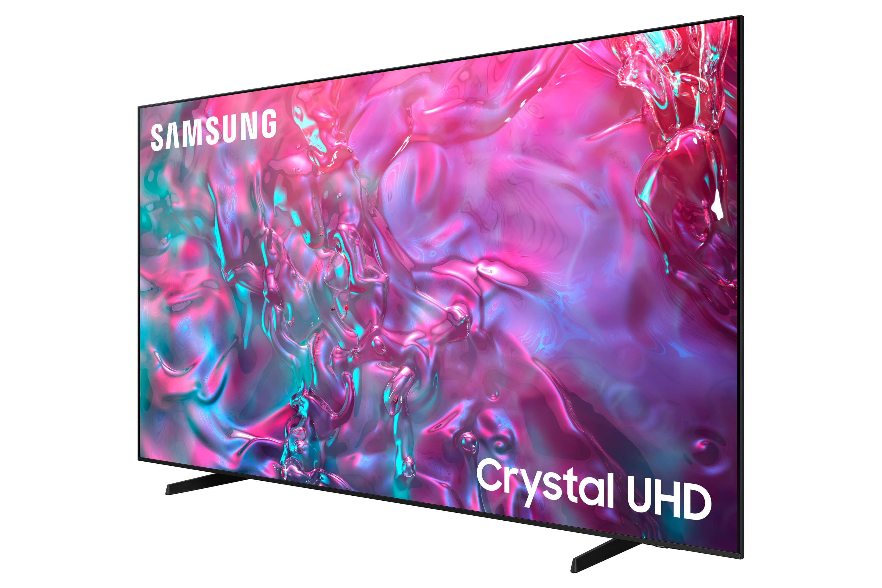 Telewizor Samsung Crystal UHD na czarnym tle. Ekran wyświetla abstrakcyjny obraz w kolorze różowym i fioletowym.