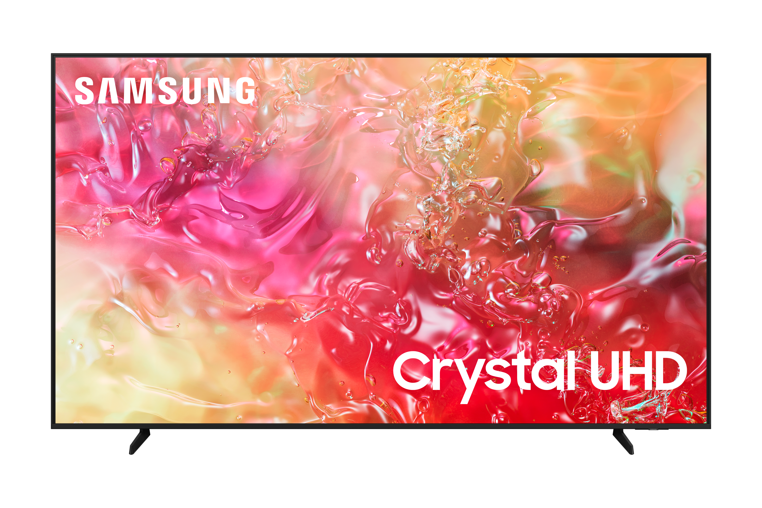 Telewizor Samsung Crystal UHD z kolorowym abstrakcyjnym obrazem na ekranie, na czarnym tle.