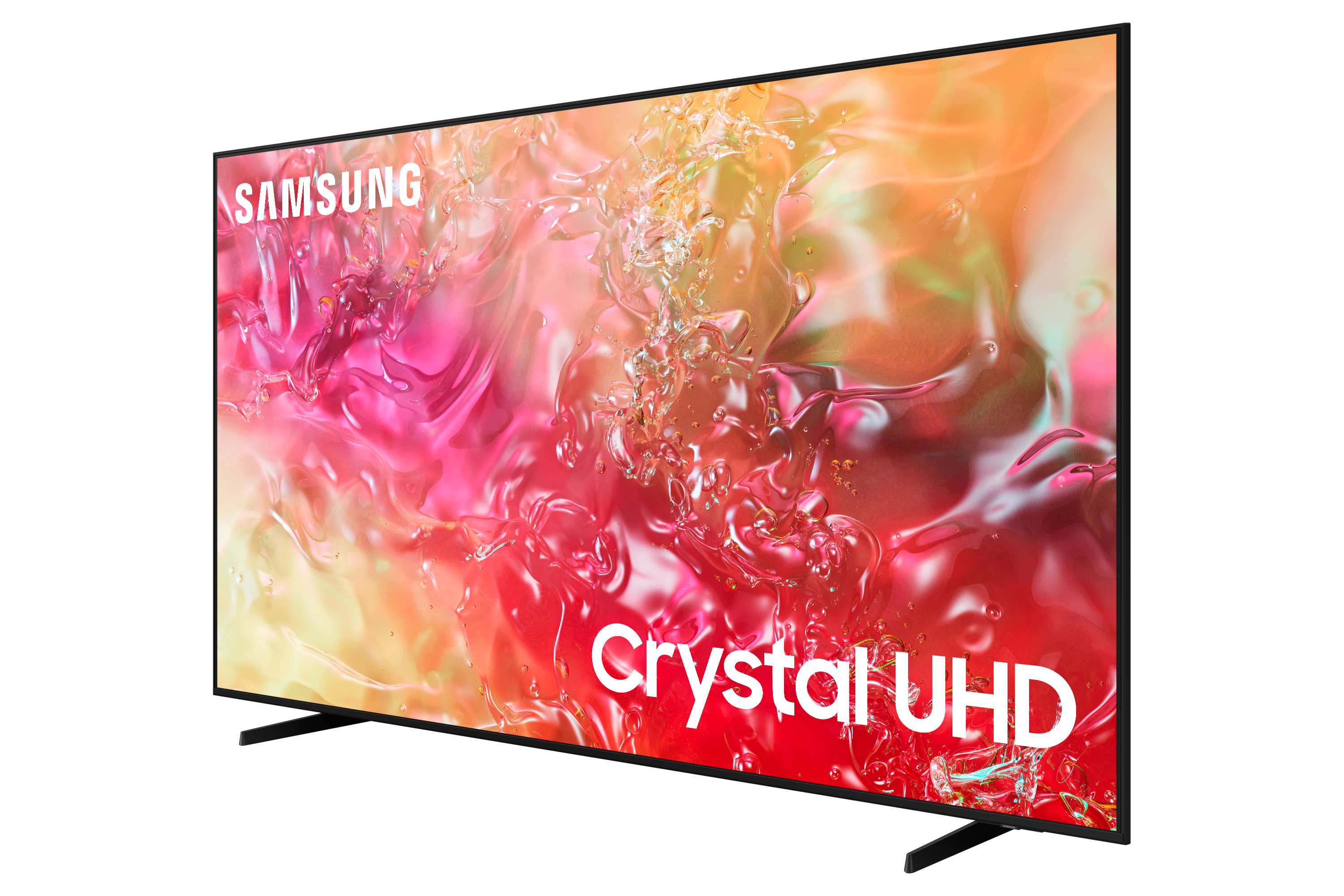 Widok pod kątem telewizora Samsung Crystal UHD na czarnym tle, wyświetlającego kolorową, abstrakcyjną grafikę.