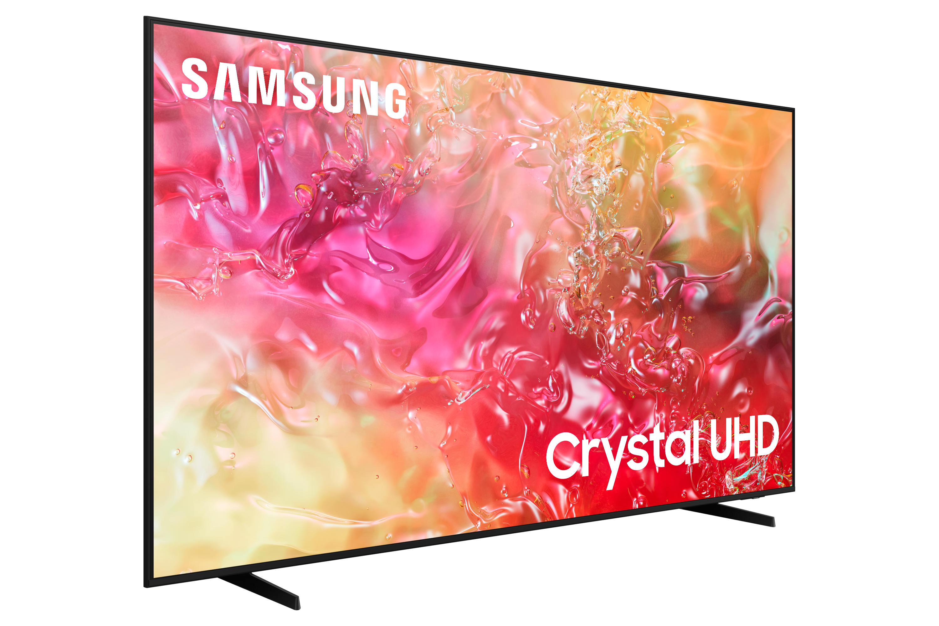 Telewizor Samsung Crystal UHD na czarnym tle. Ekran wyświetla czerwony wzór.