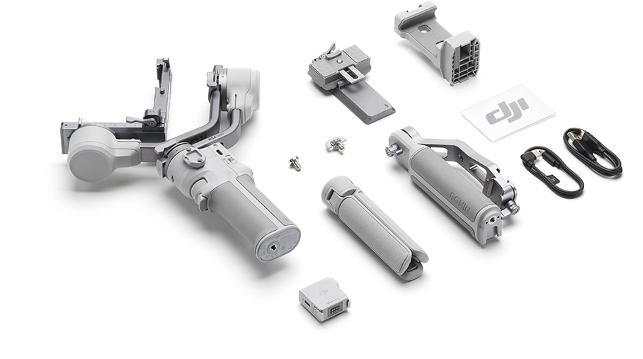 DJI Ronin gimbal alkatrészek fehér felületen, összeszerelésre készen.