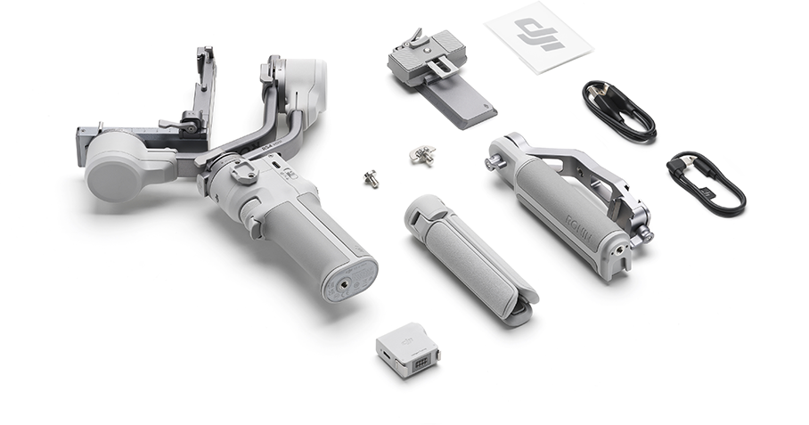 DJI Ronin gimbal alkatrészek fehér felületen, összeszerelésre készen.