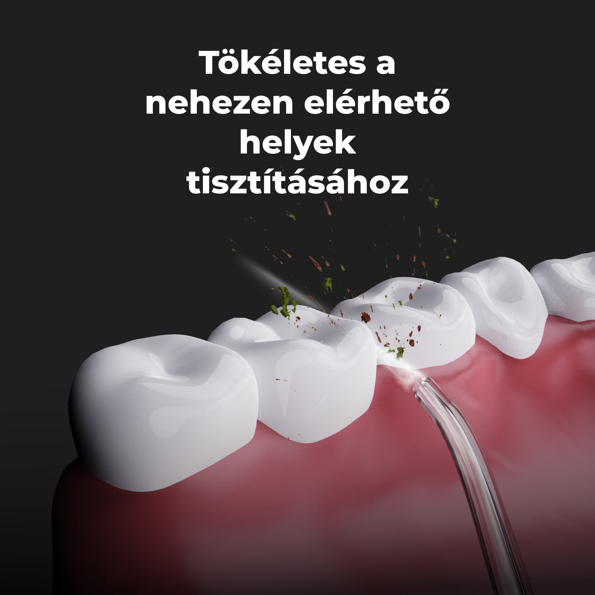 Illusztráció, amely egy fogkefe tisztítást mutat a fogak között. Vörös ínyek és fehér fogak láthatók.