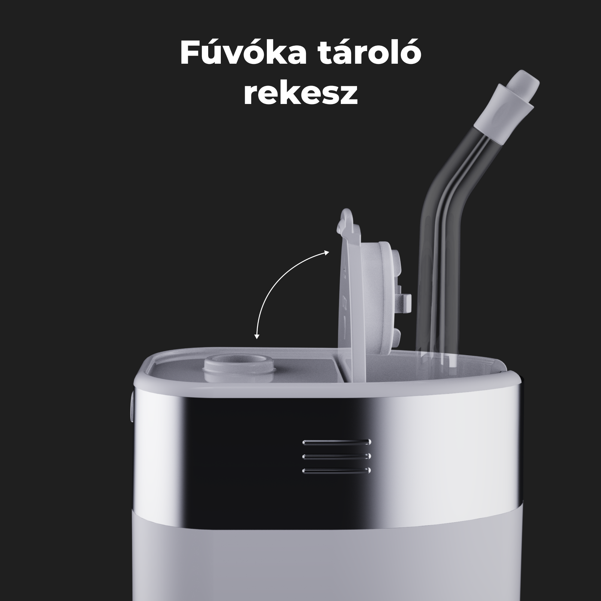 Fehér-ezüst készülék fúvókával. Felül magyar nyelvű szöveg.