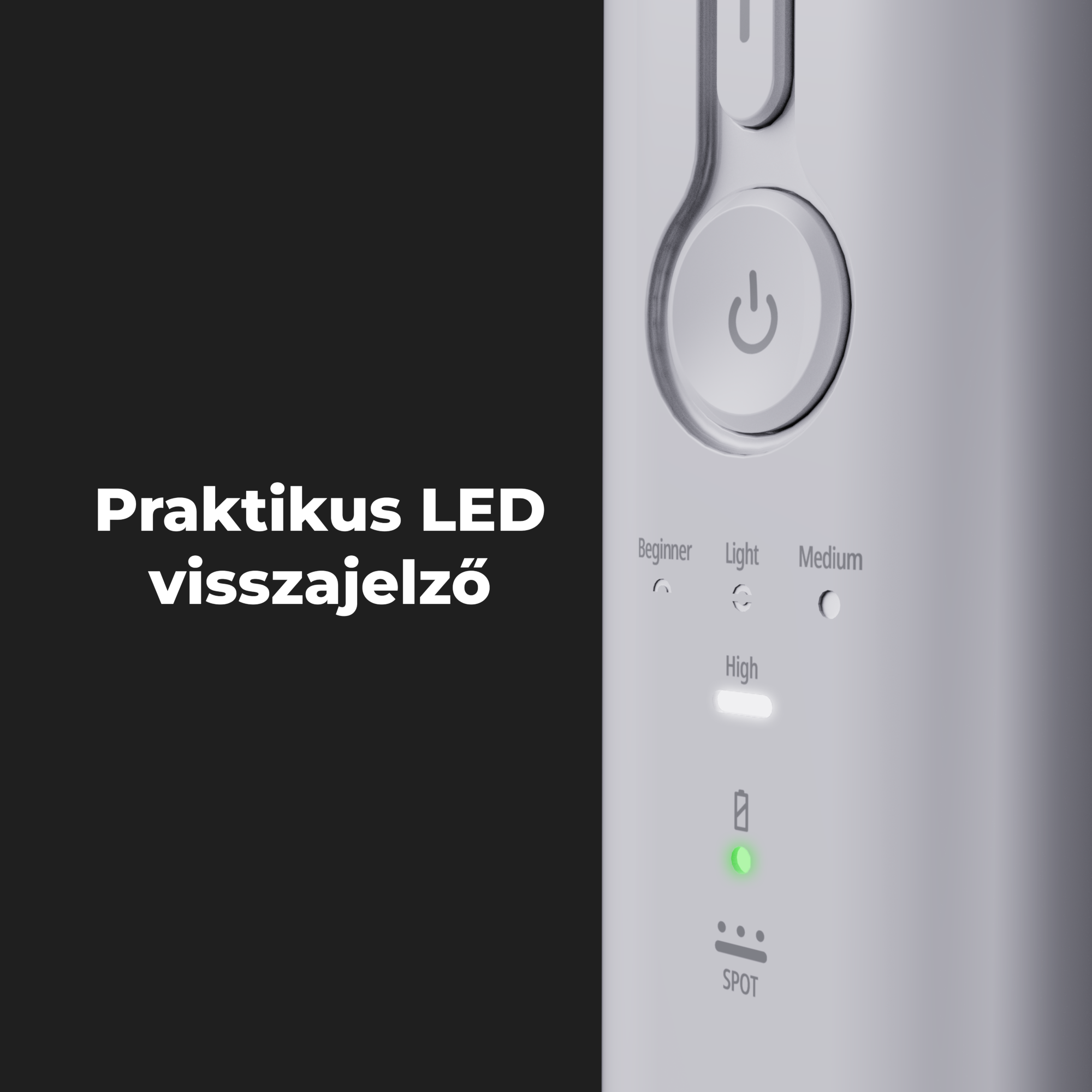 Egy fehér eszköz közeli képe bekapcsológombbal és LED-jelzőkkel fekete háttéren.