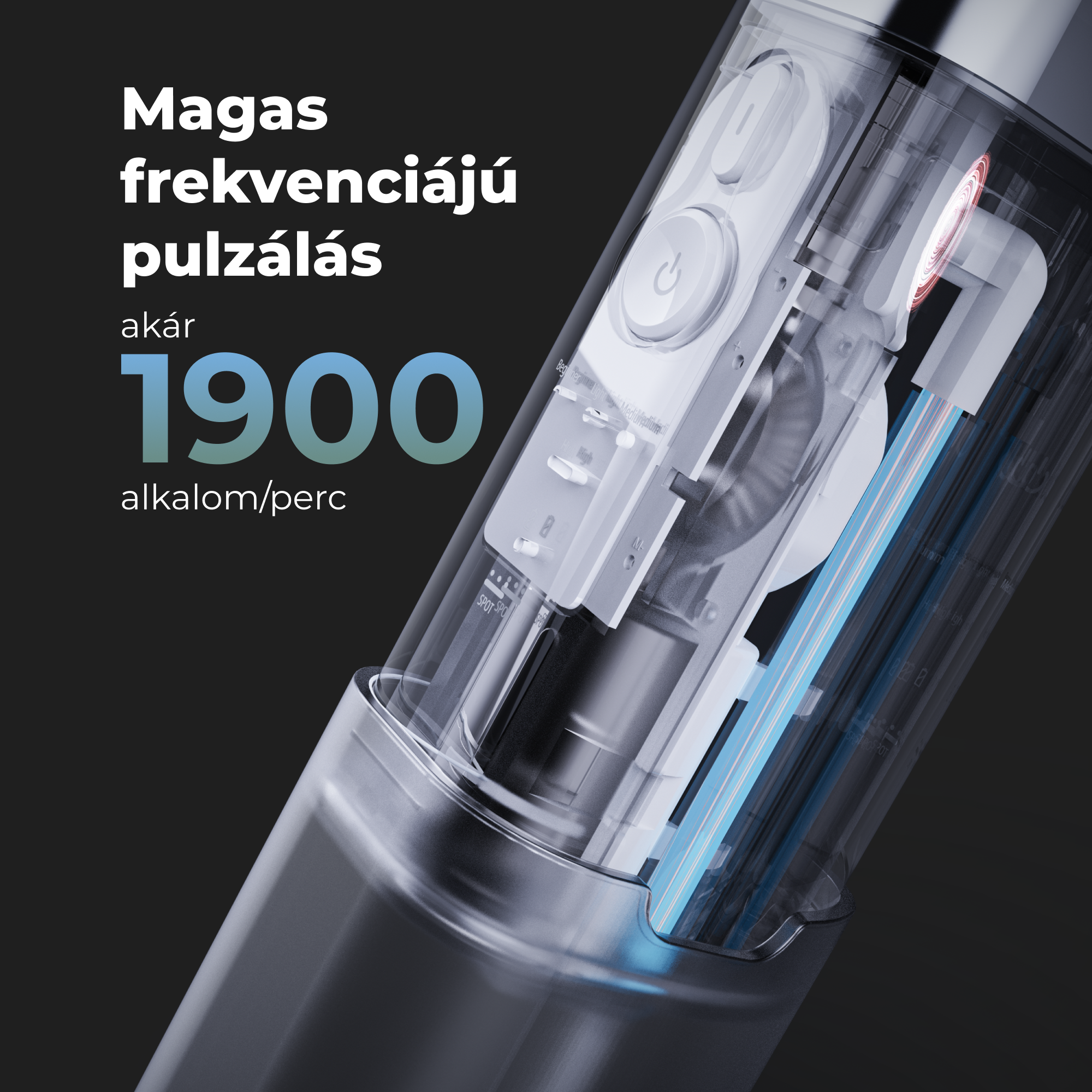 Egy eszköz közeli képe, belső alkatrészekkel, magyar szöveggel.