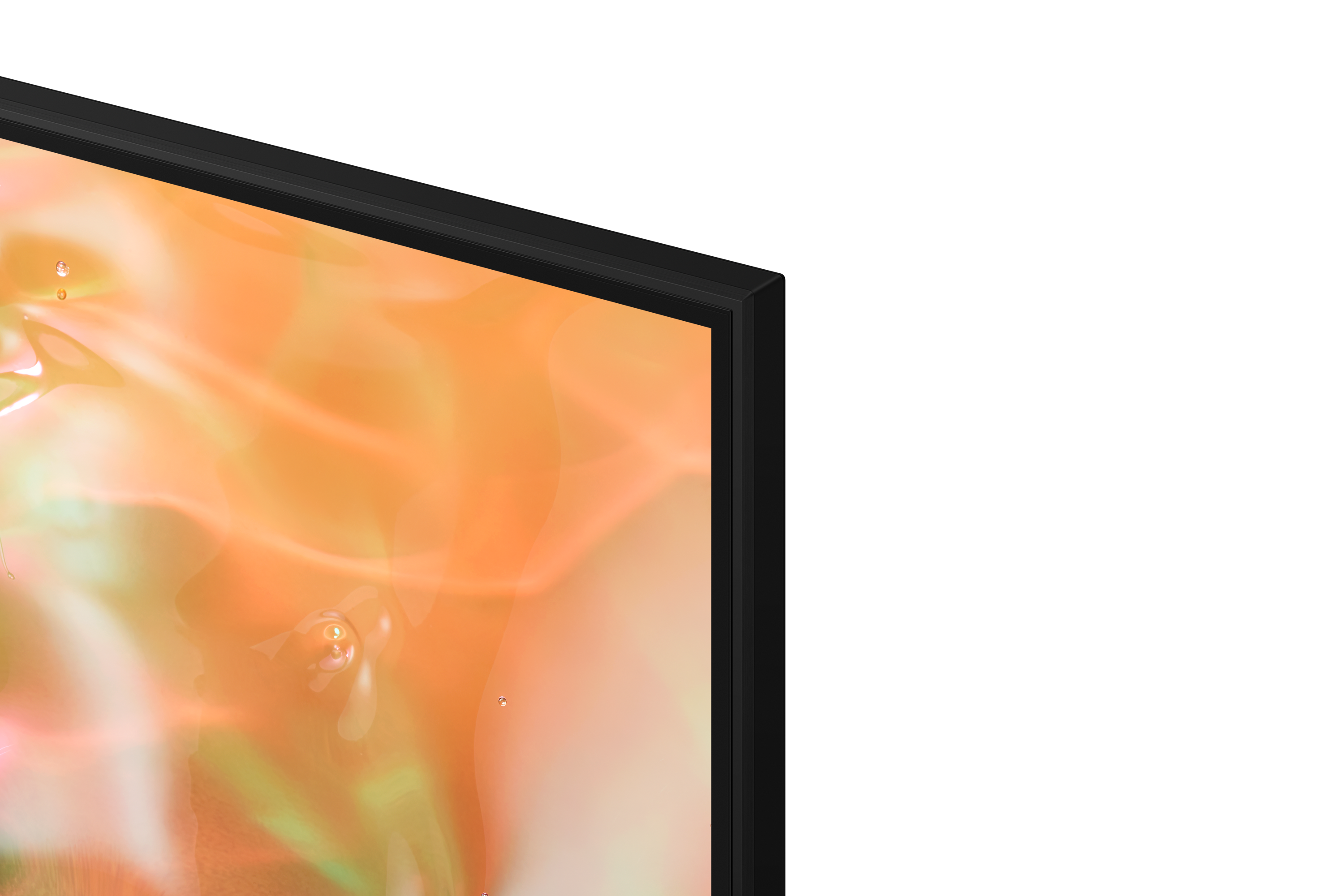 Zbliżenie telewizora Samsung Crystal UHD. Ekran wyświetla pomarańczowy wzór.