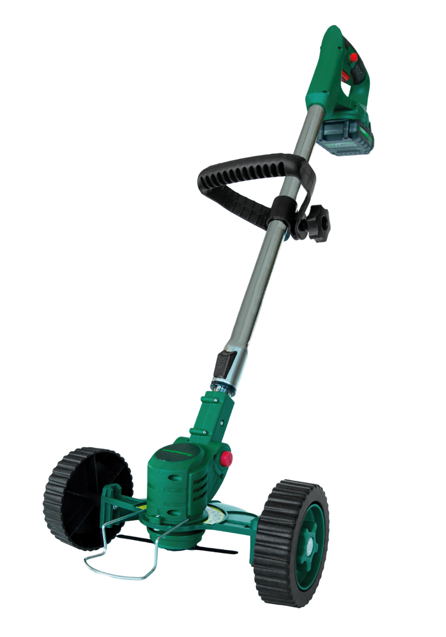 Grün-grauer kabelloser Rasentrimmer mit zwei Rädern und einem Griff.