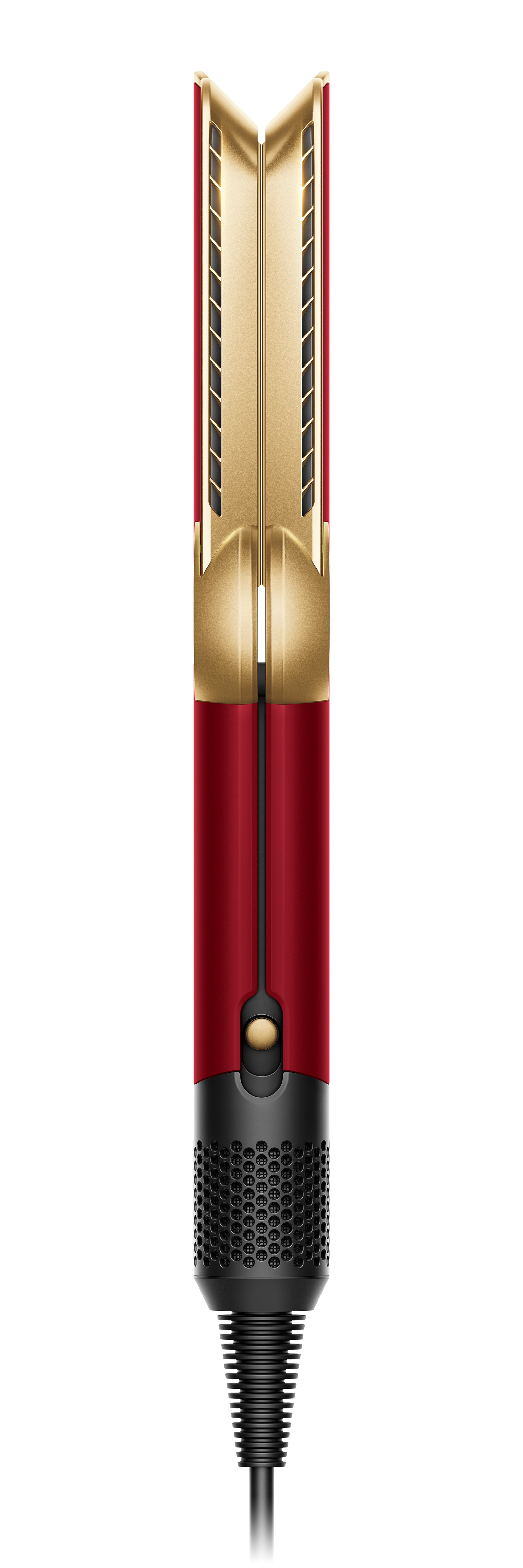 Czerwono-złote urządzenie do stylizacji włosów z czarnym uchwytem i kablem.