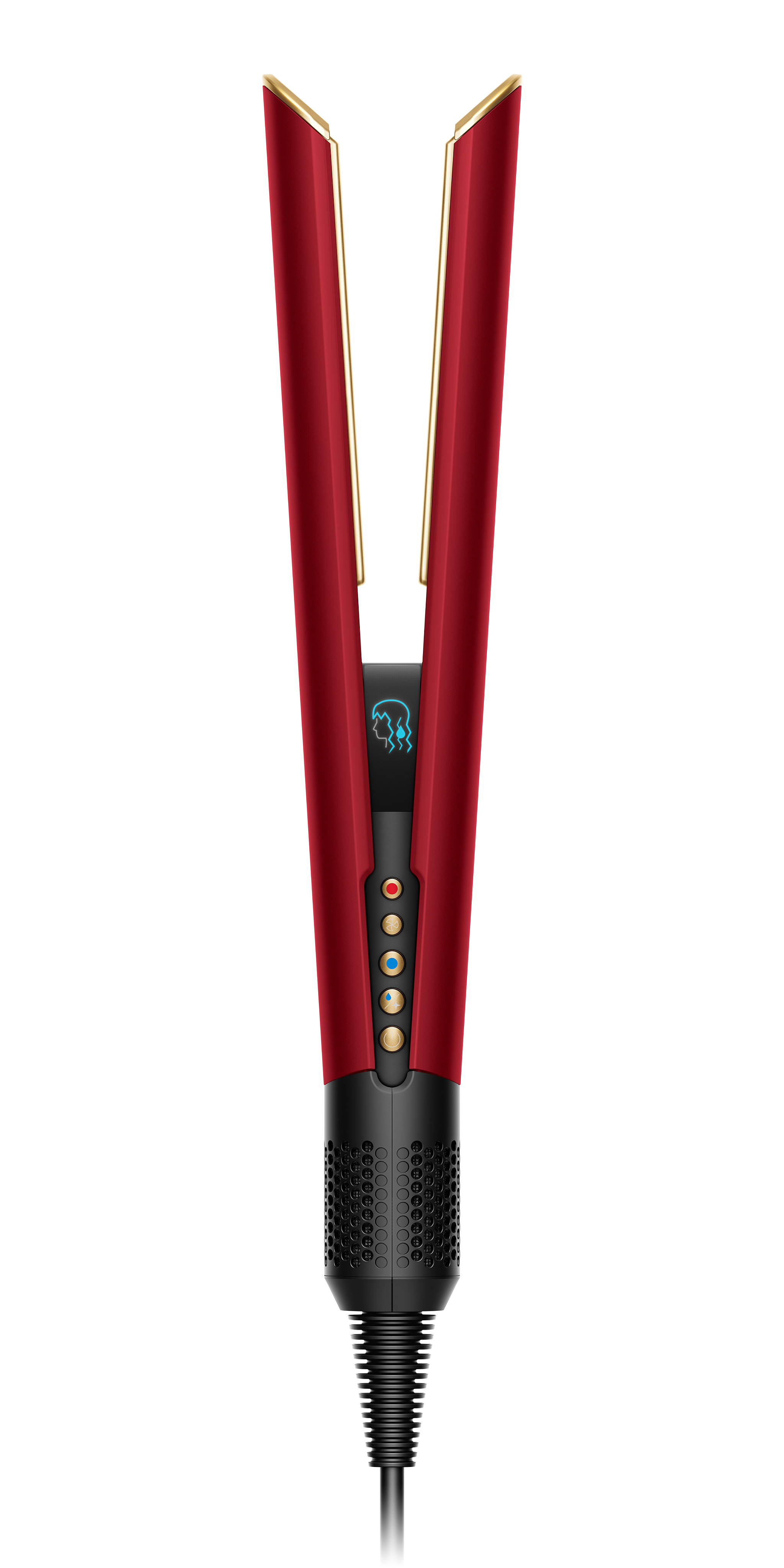 Czerwona prostownica do włosów ze złotymi akcentami i czarną podstawą, z wyświetlaczem cyfrowym. Białe tło.