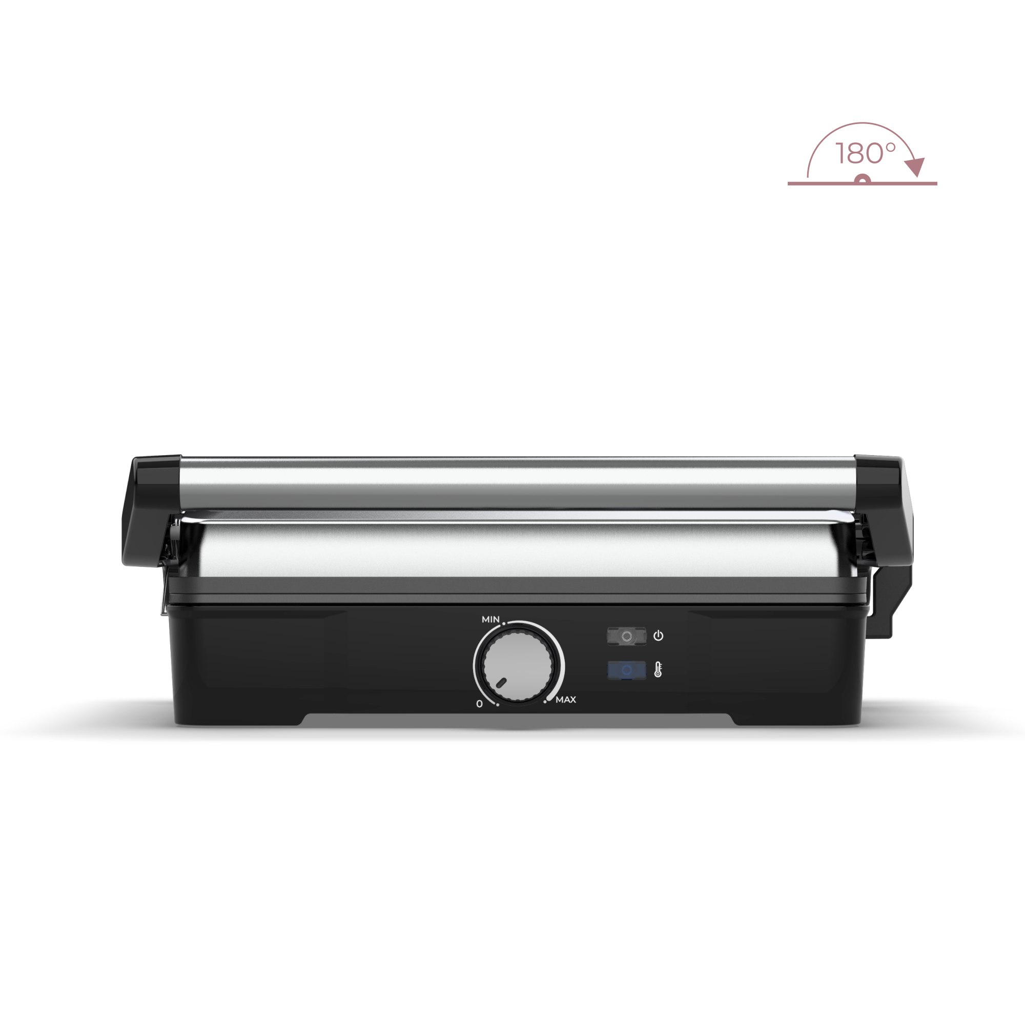 Fekete-ezüst elektromos grill. A fedél nyitva van. Fehér háttér előtt van.