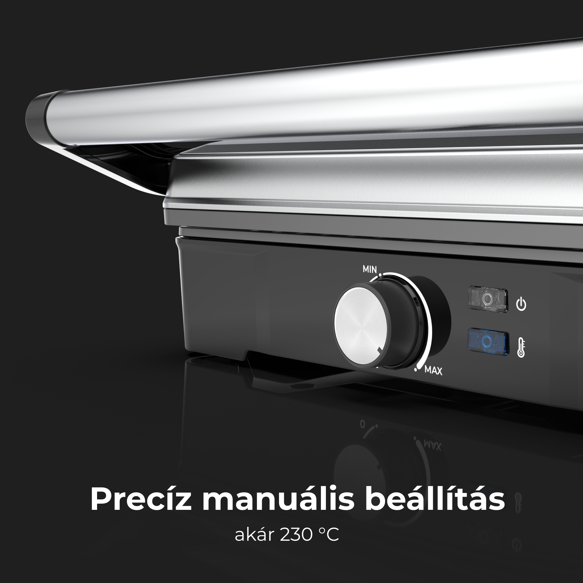 Egy fekete-ezüst grill közelképe gombokkal.