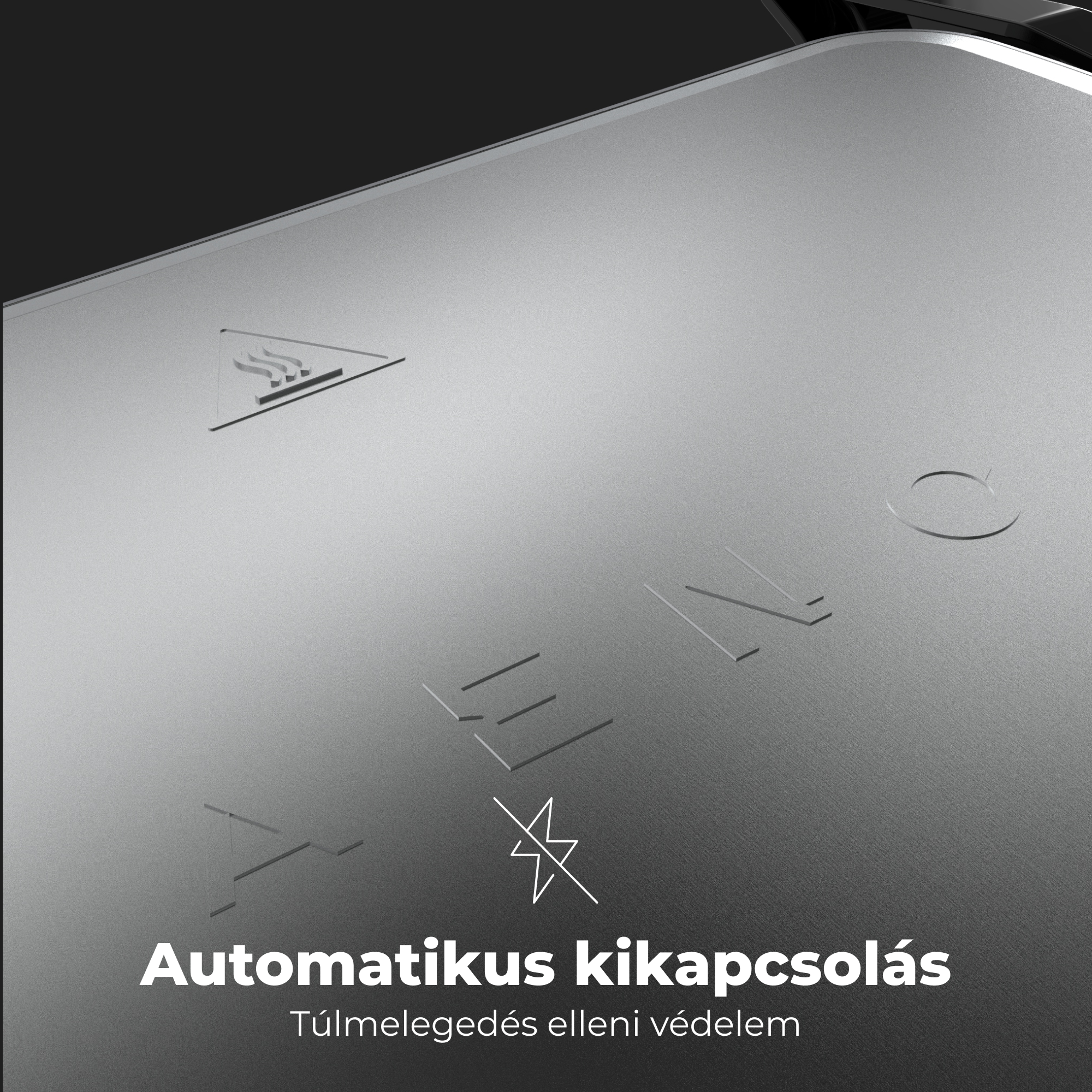 Csiszolt fémfelület vésett szimbólumokkal és szöveggel: 'Automatikus kikapcsolás'.