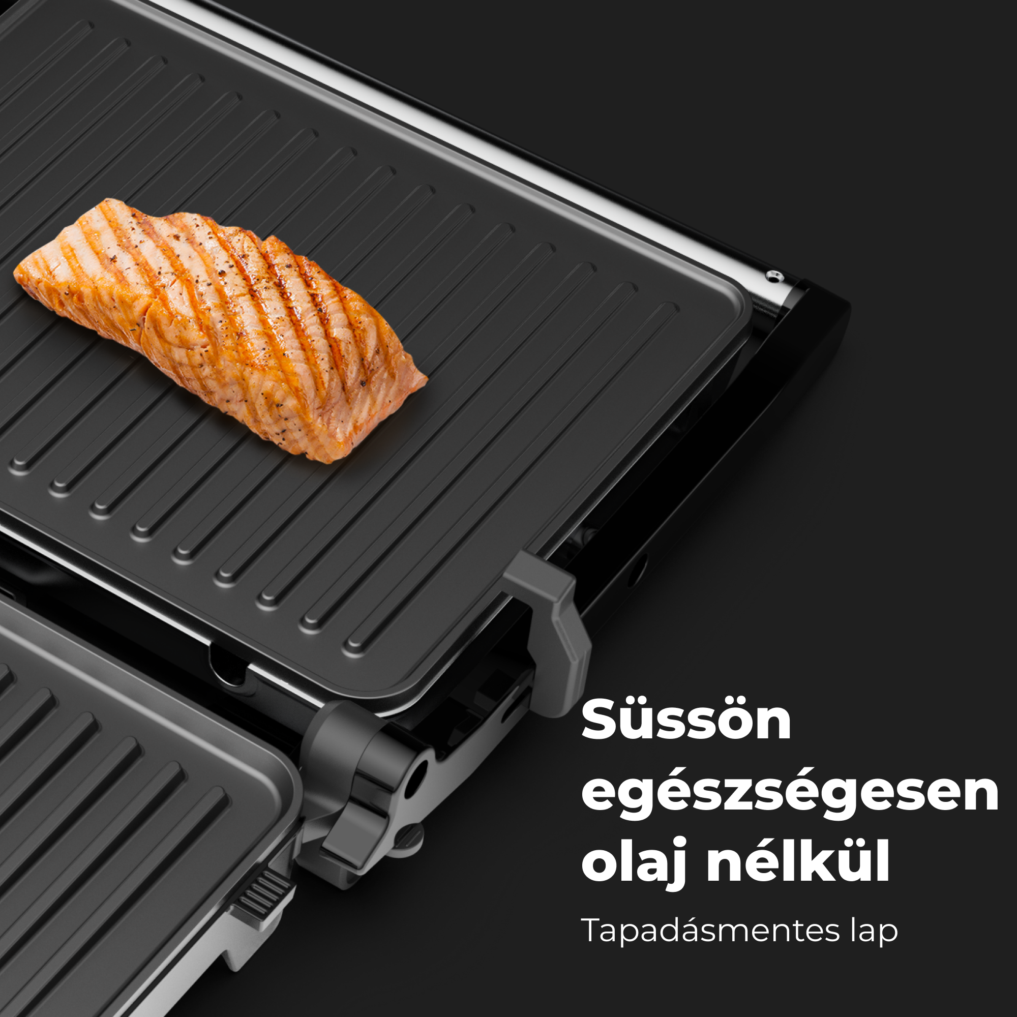 Grillezett lazacfilé fekete grillen, a szöveg szerint 'olaj nélkül süssön'.