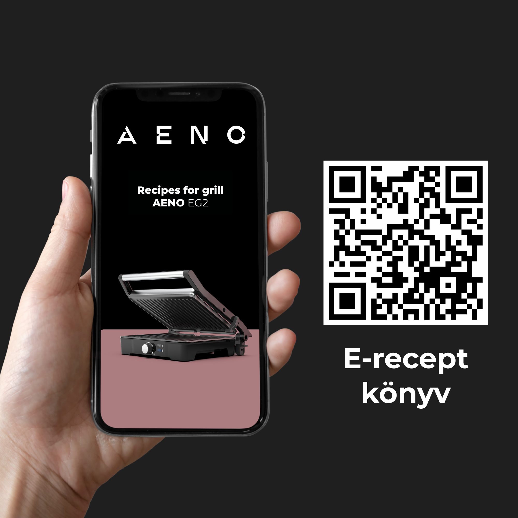Kéz, amely egy telefont tart nyitott receptalkalmazással, mellette QR-kóddal. Fekete háttér.