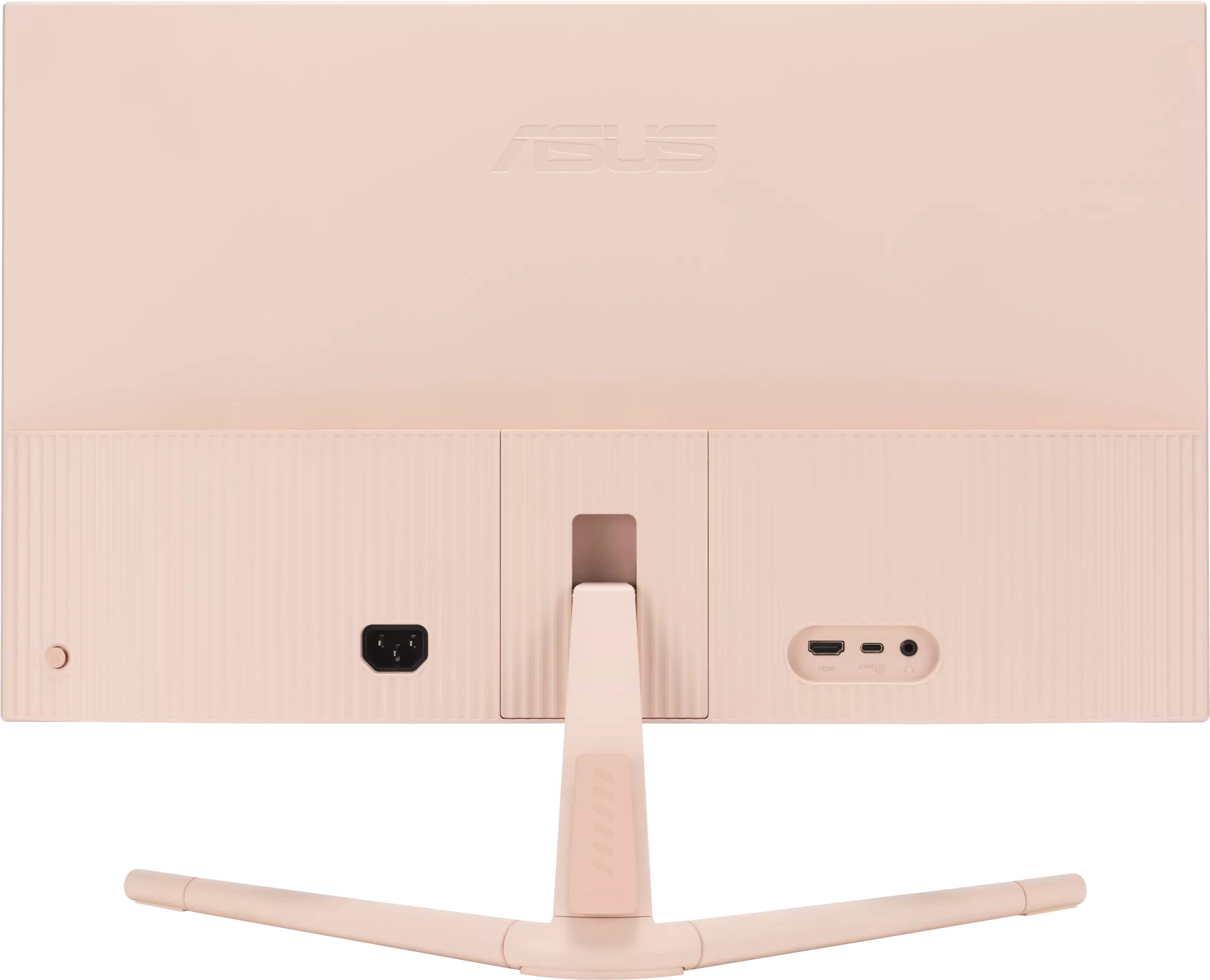 Egy rózsaszín számítógép monitor hátulja az ASUS logóval és különböző portokkal.