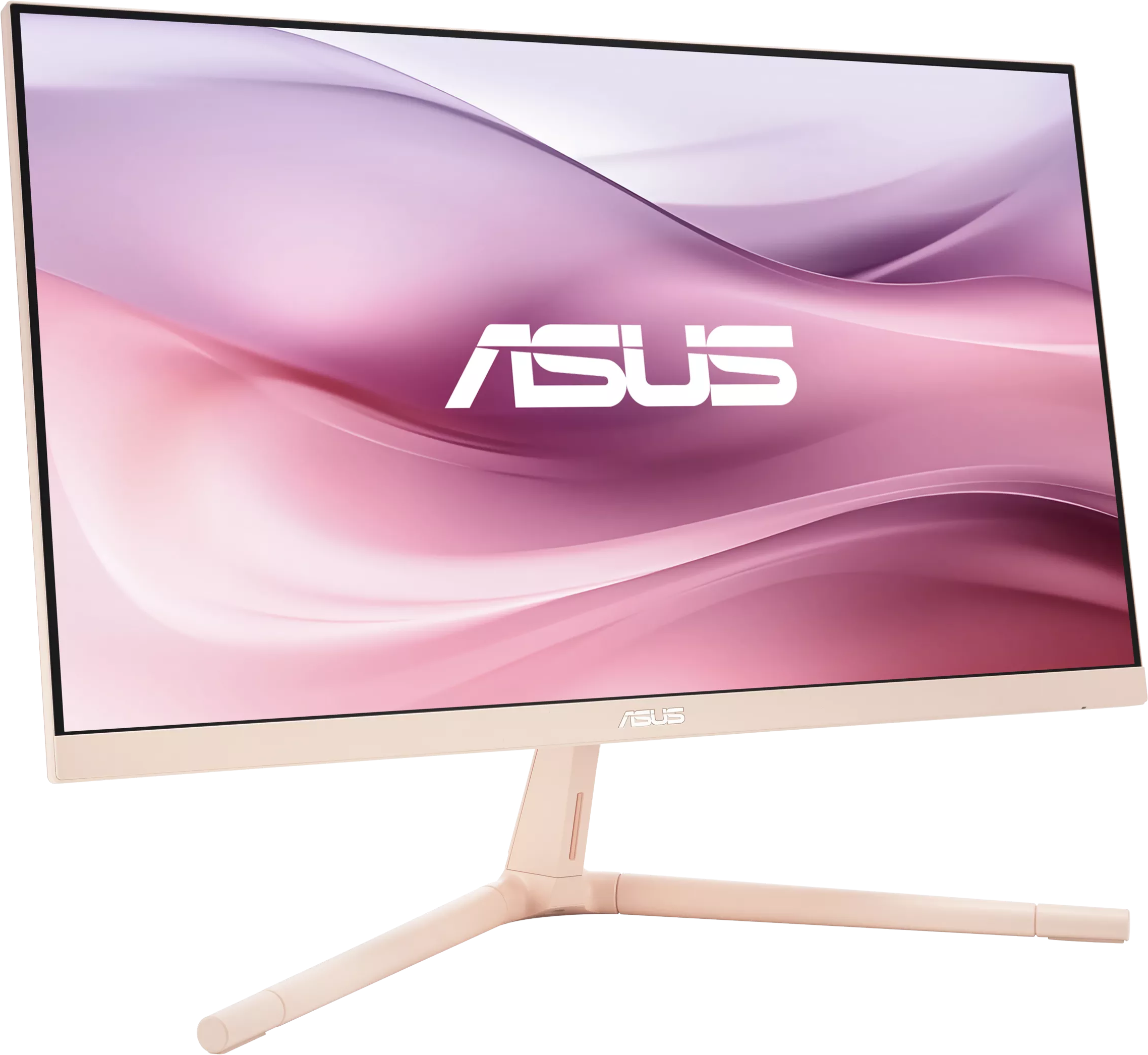 Bézs ASUS számítógép monitor ívelt képernyővel, állványra szerelve.