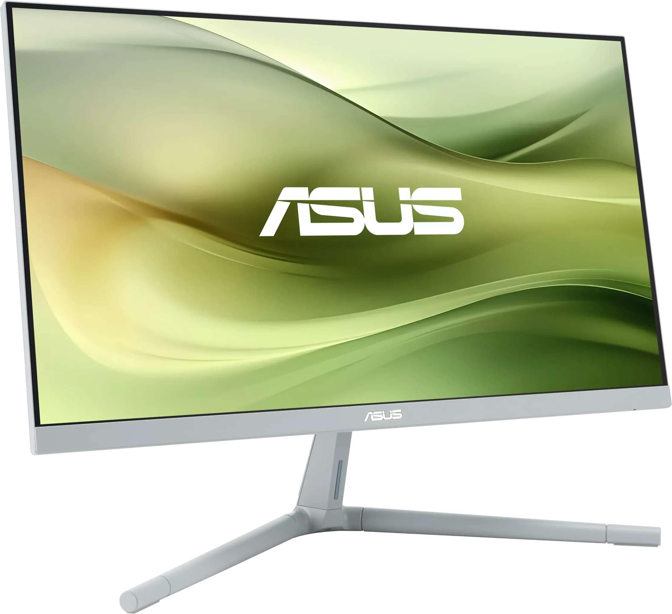 Egy ASUS számítógép monitor. A képernyő zöld és arany absztrakt mintát jelenít meg.
