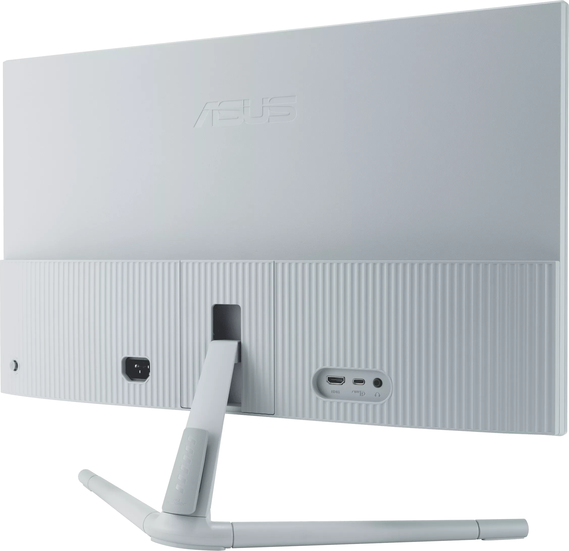 Fehér monitor hátulja, ASUS logóval és csatlakozókkal.