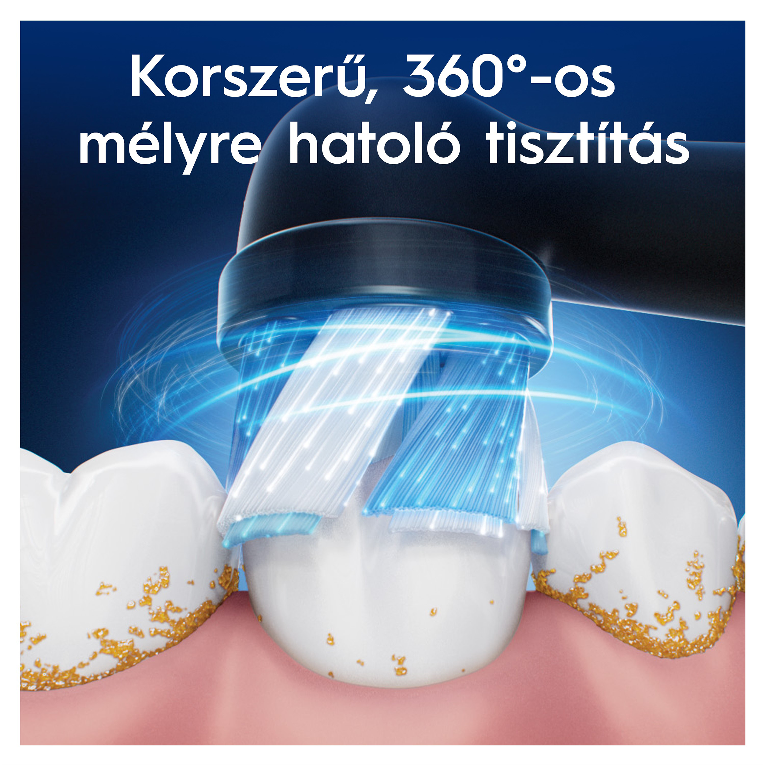A fogkefe sörtéinek közeli képe a fogakat tisztítva, a szöveg szerint: „Korszerű, 360°-os mélyre hatoló tisztítás”.
