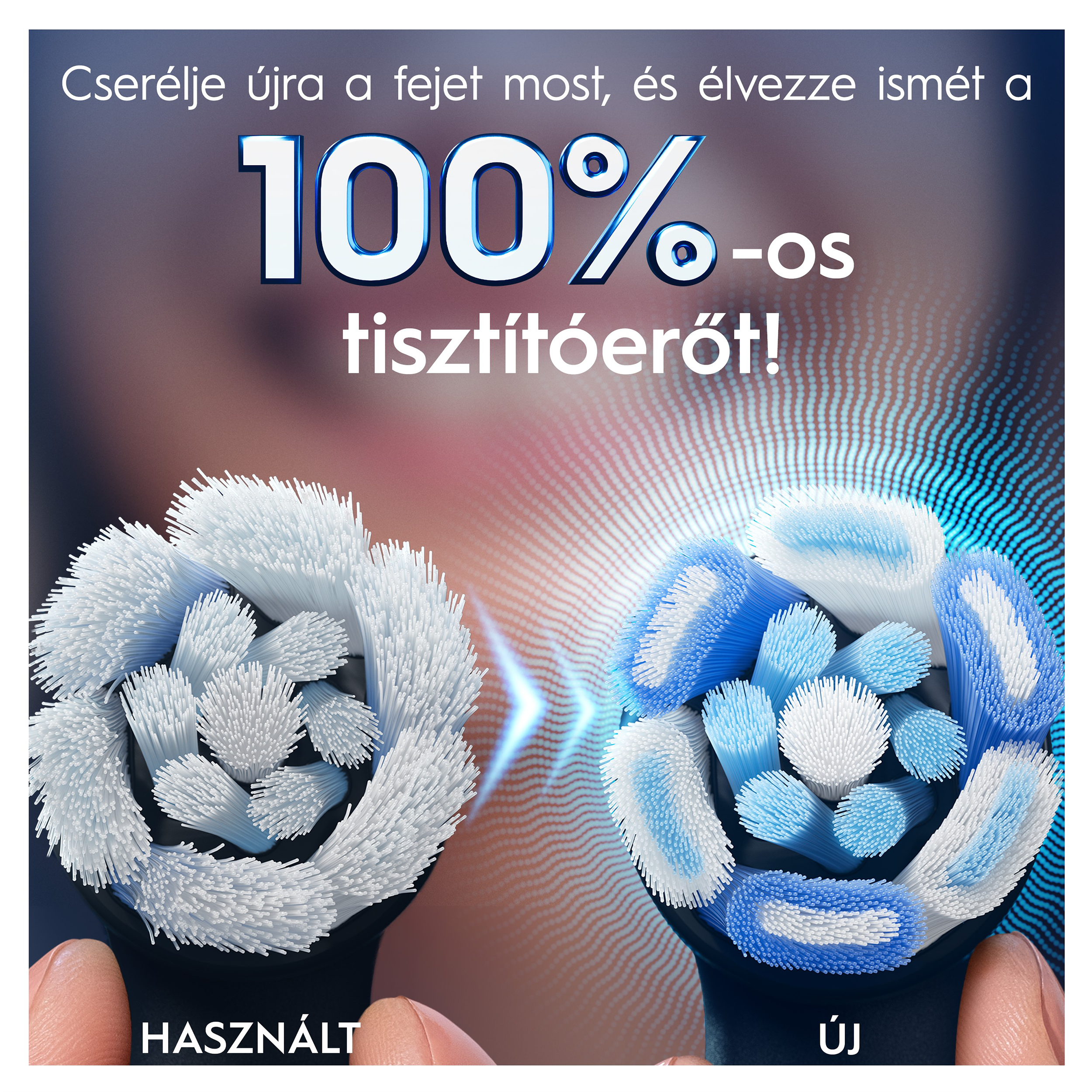Két fogkefefej egymás mellett, új és használt. Fehér és kék sörték.