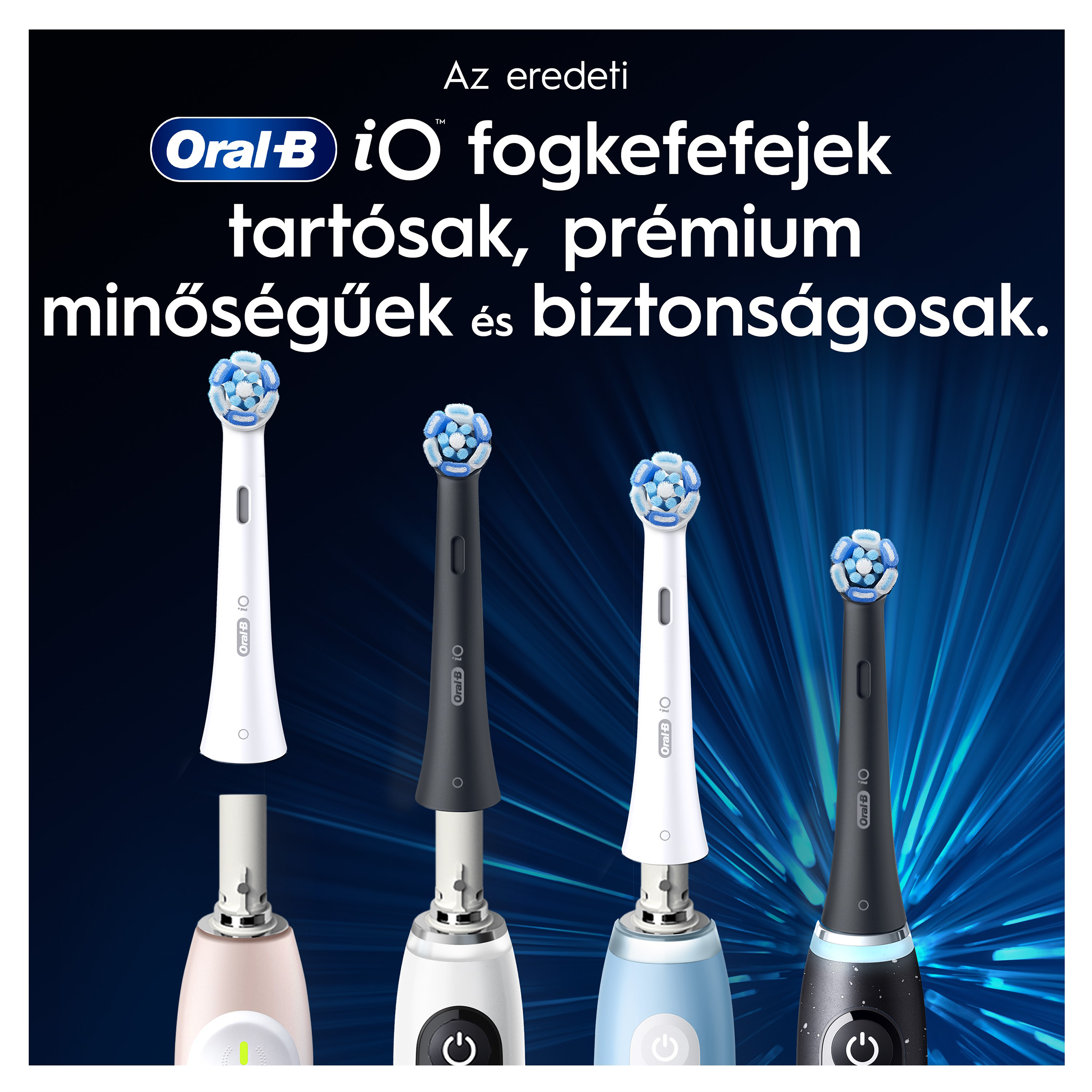 Több Oral-B iO fogkefefej és nyél kék háttérrel.