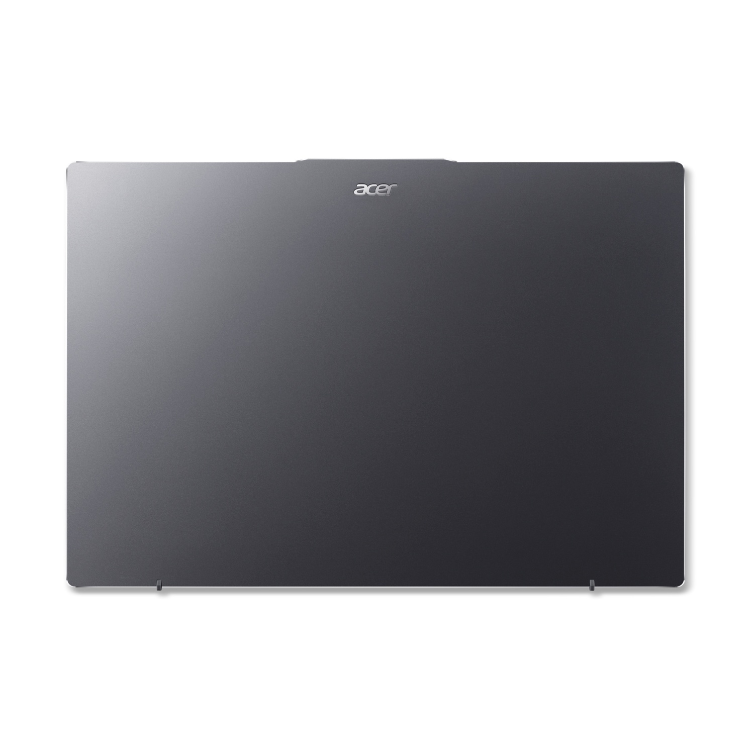 Retro del laptop nero con logo Acer in alto. Il retro è piatto e grigio con due attacchi a cerniera.