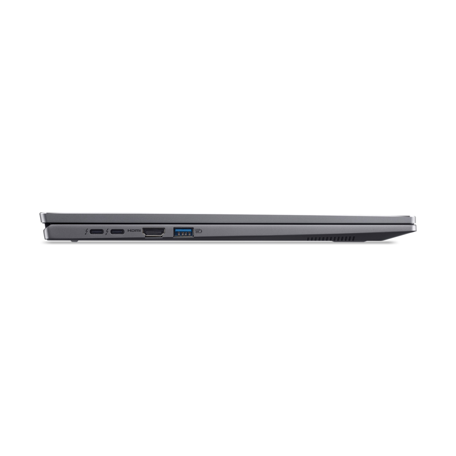 Vista laterale di un laptop sottile con porte su un lato. È di colore grigio scuro.