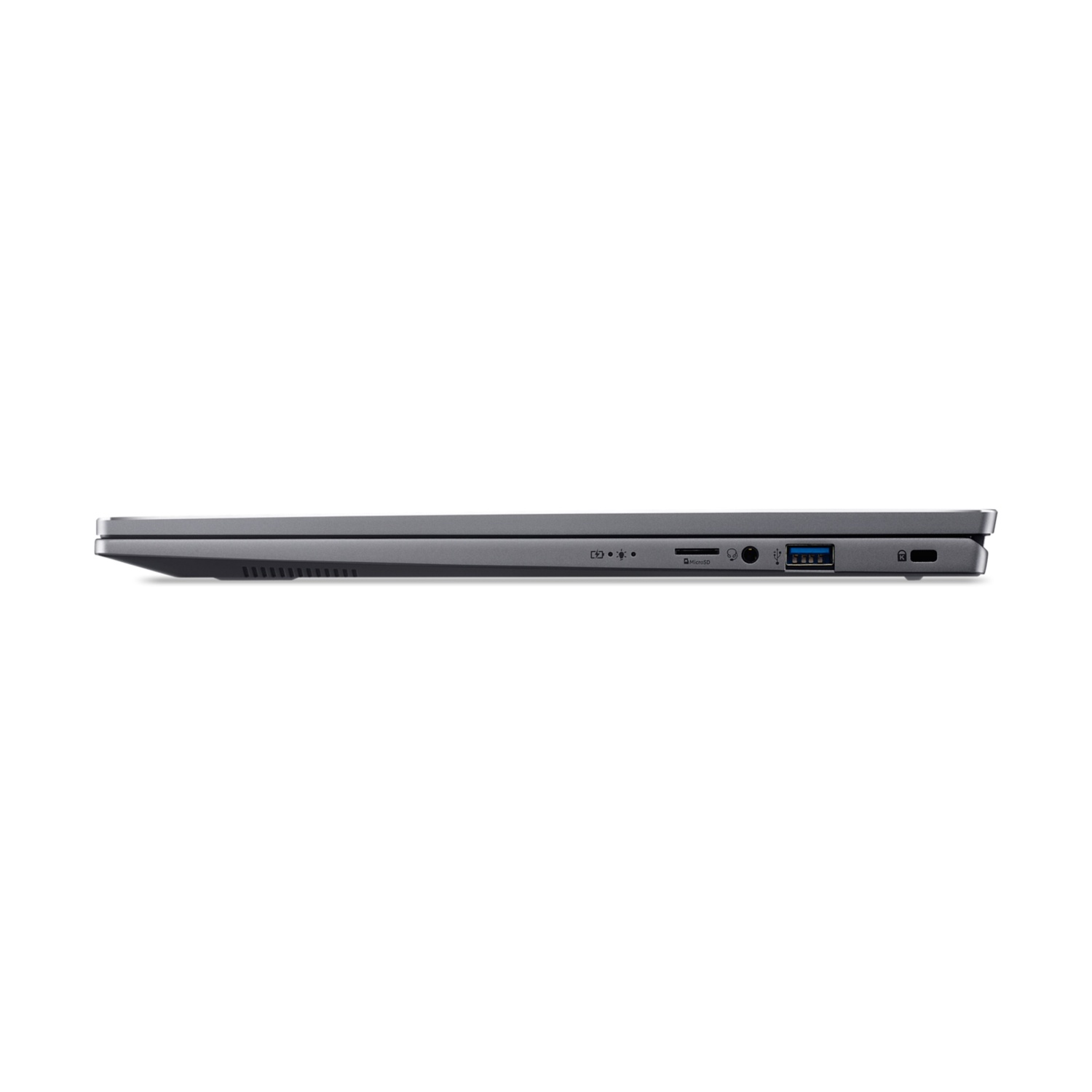 Vista laterale di un laptop con porte visibili, isolato su sfondo bianco.