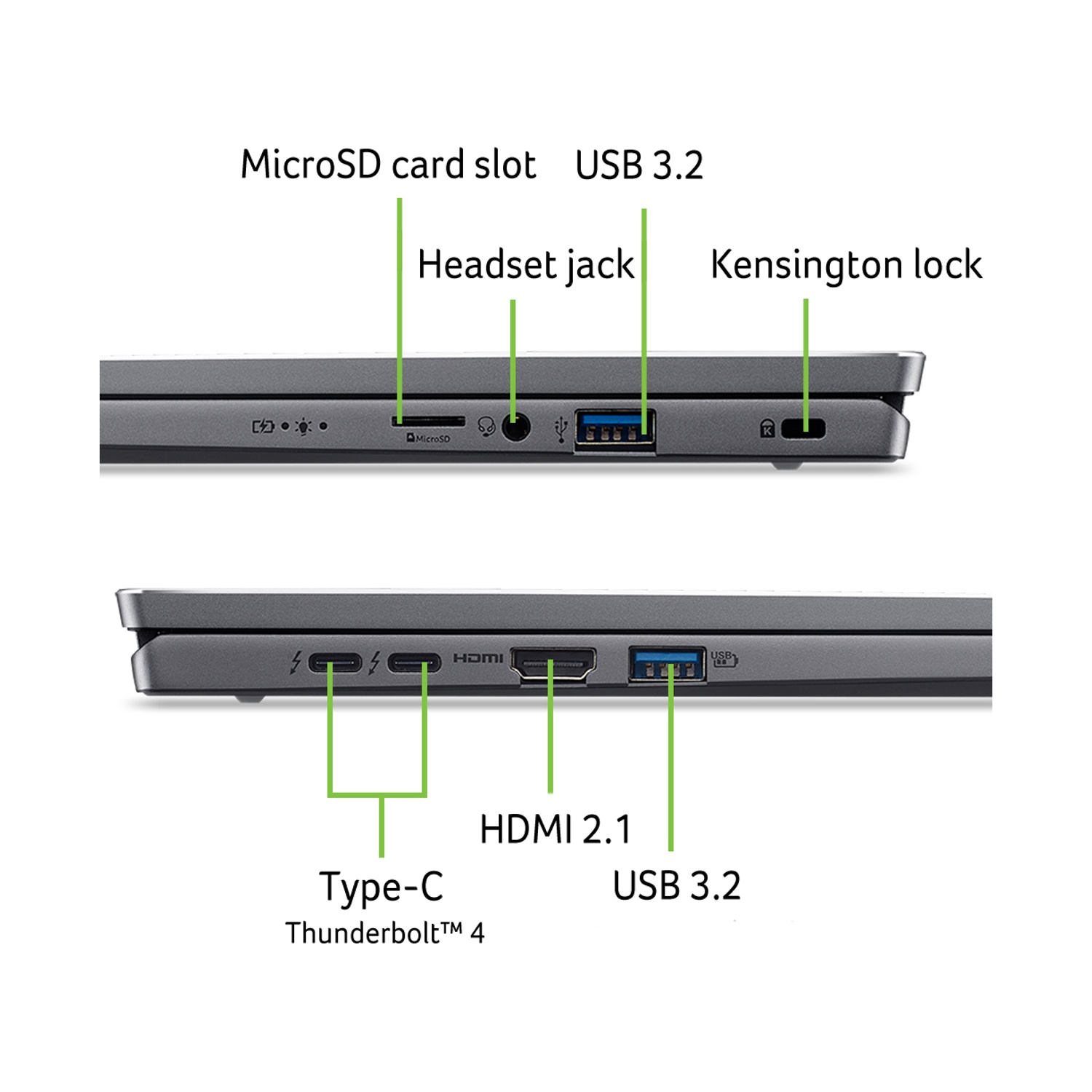Vista laterale ravvicinata di un laptop. Porte etichettate: MicroSD, jack per cuffie, USB e blocco Kensington.