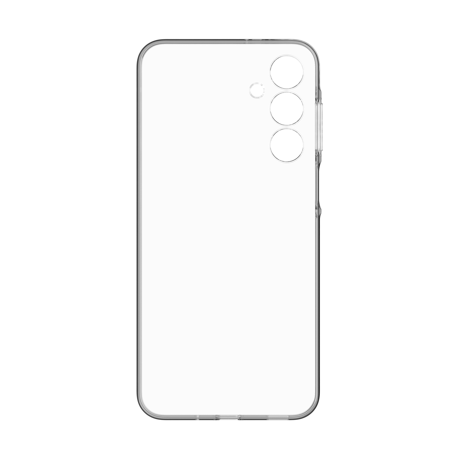 Custodia trasparente per telefono con tre fori per fotocamera, su sfondo bianco.