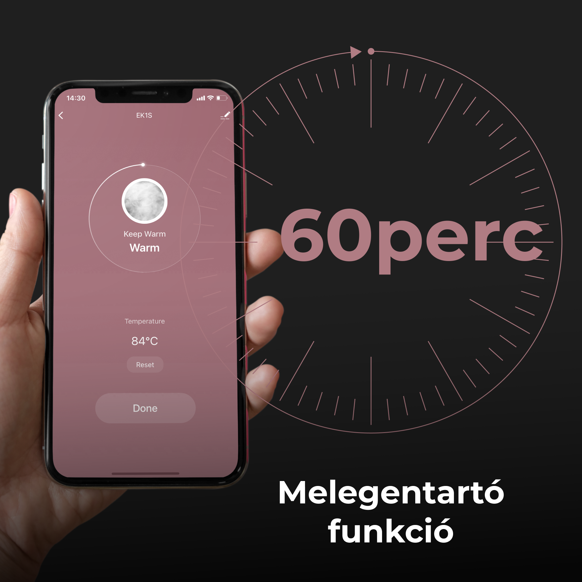 Egy személy keze, aki egy telefont tart a 'Meleg' funkcióval, egy időzítő 60 percet mutat.