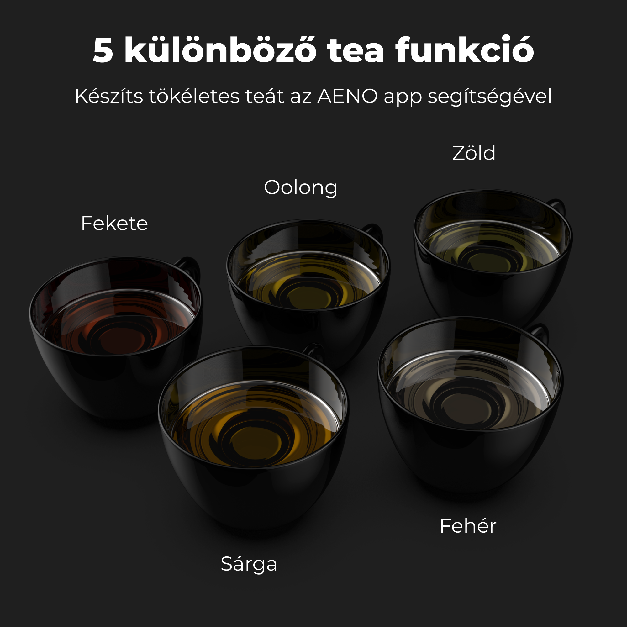 5 fekete csésze különböző színű teával.