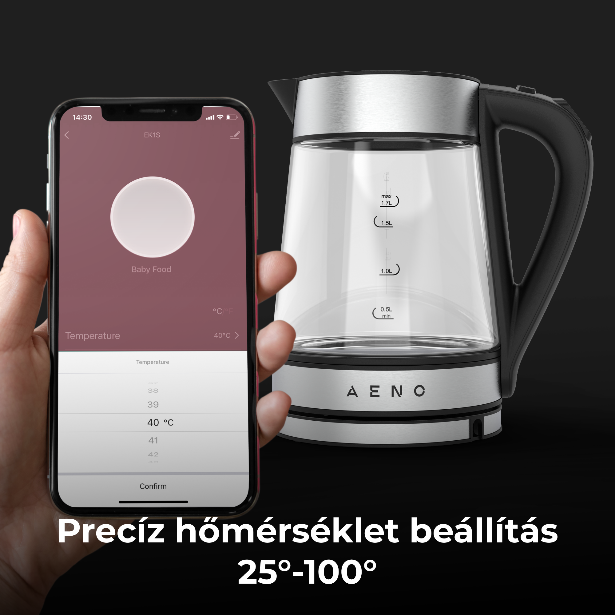 Egy vízforraló és egy telefon mutatja a hőmérs ékletet.