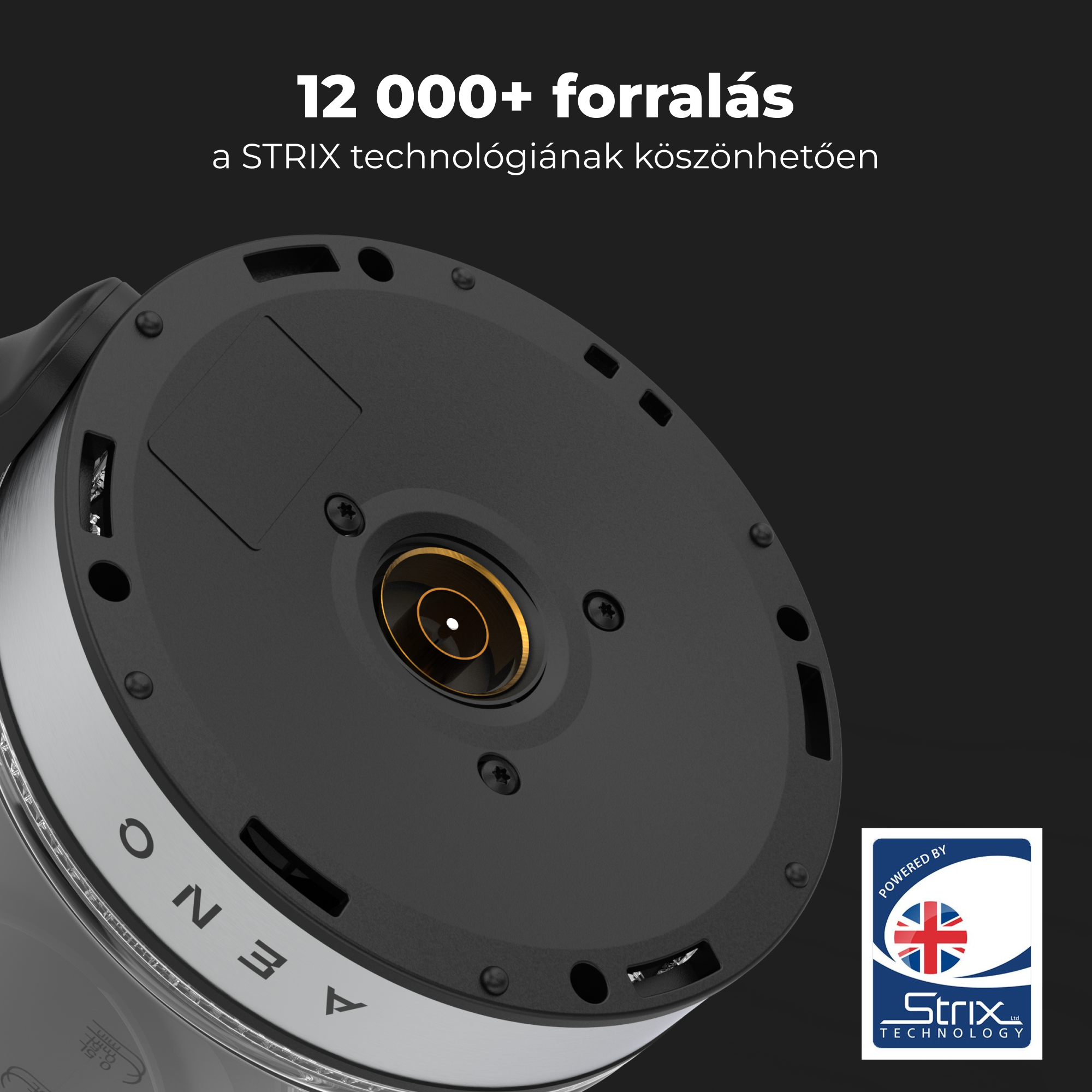 Fekete-ezüst tárgy közelképe szöveggel: 12 000+ forrás, Strix technológia.