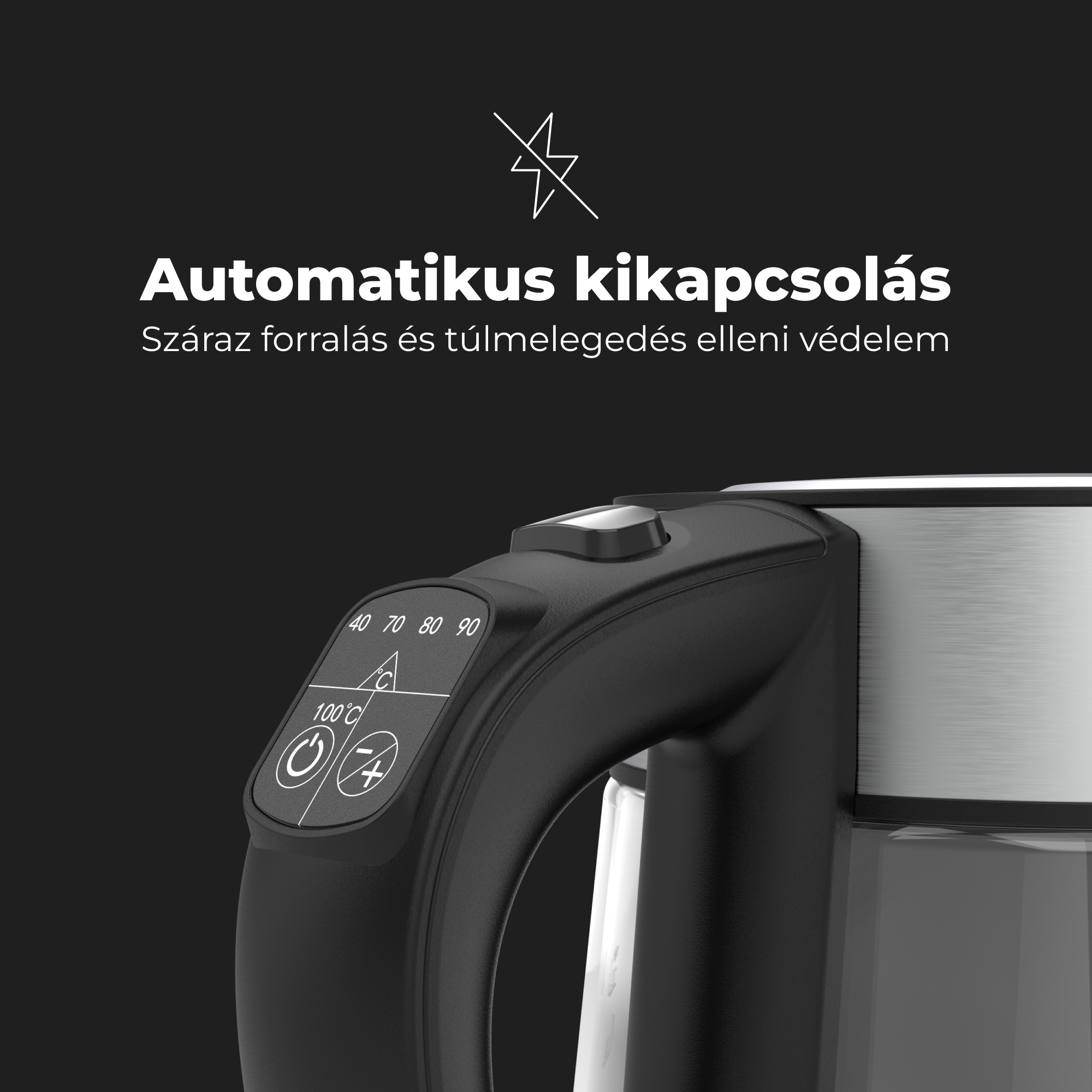 Vízforraló vezérlőpanelje hőmérséklet beállításokkal. Fekete fogantyú gombokkal és kijelzővel.