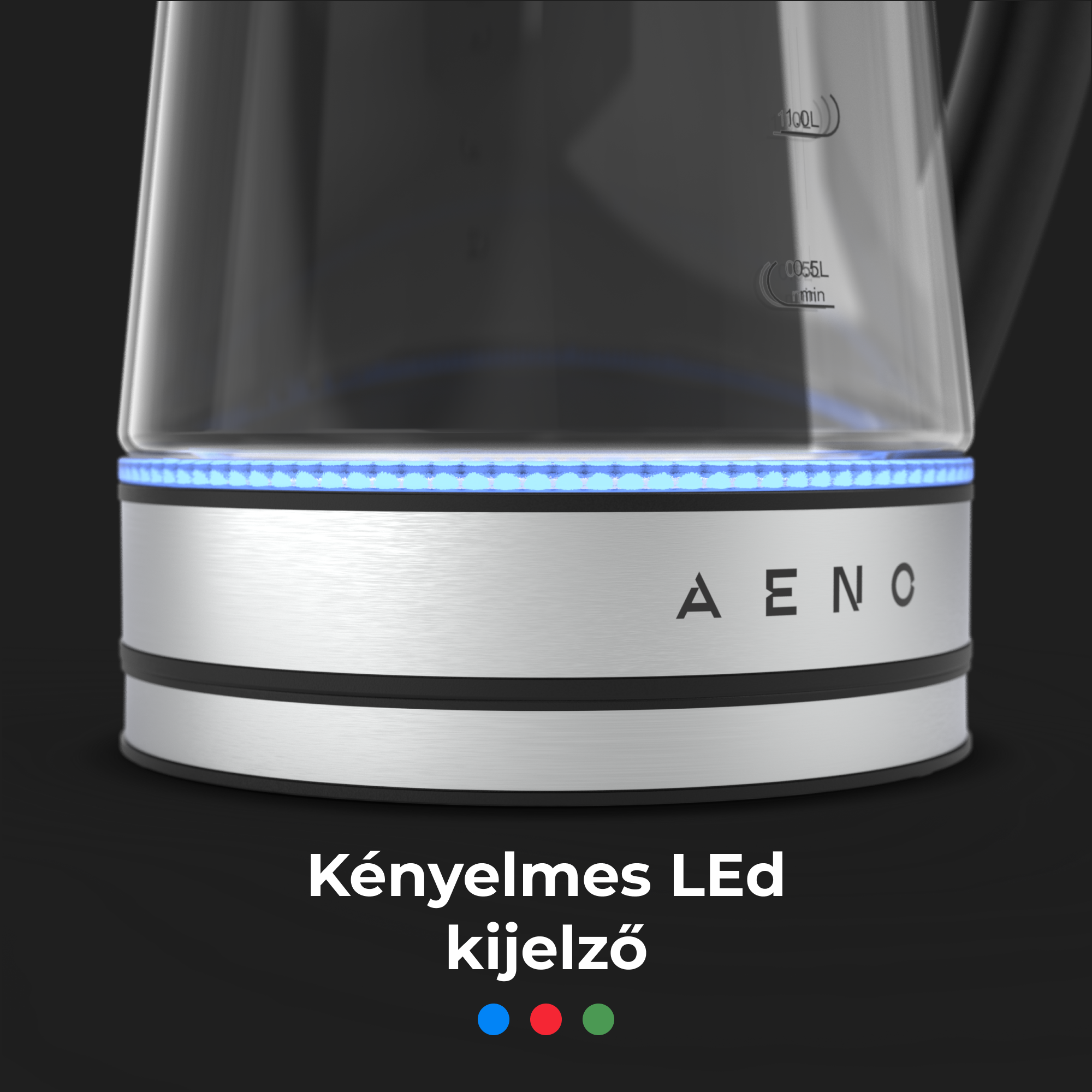 Egy üveg vízforraló, kék fénnyel a talpán. A szöveg: 'Kényelmes LED kijelző'.