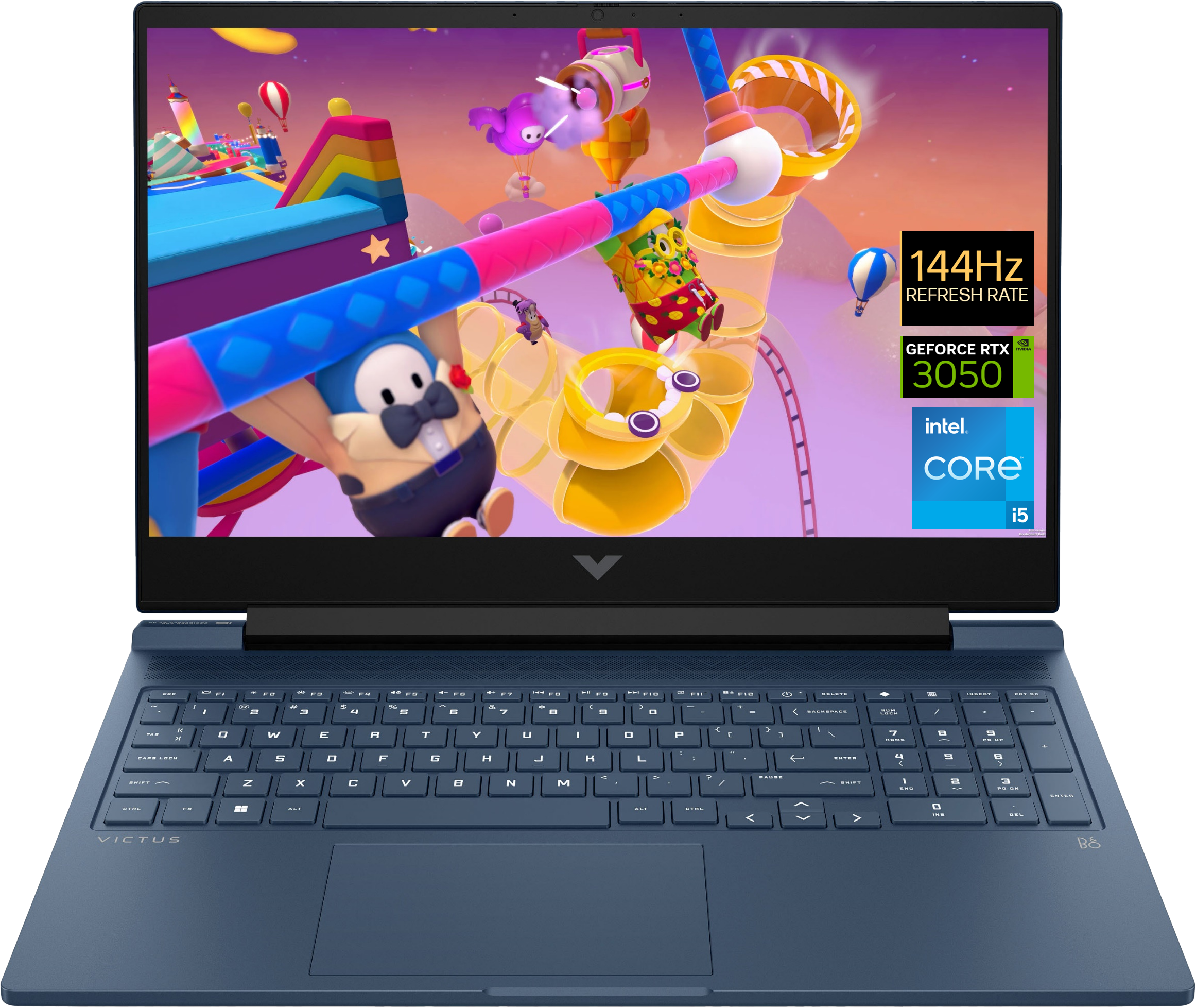 Laptop játékkal a képernyőn. Kék test, billentyűzet és képernyő játékelemekkel. Fehér és kék szöveg látható.